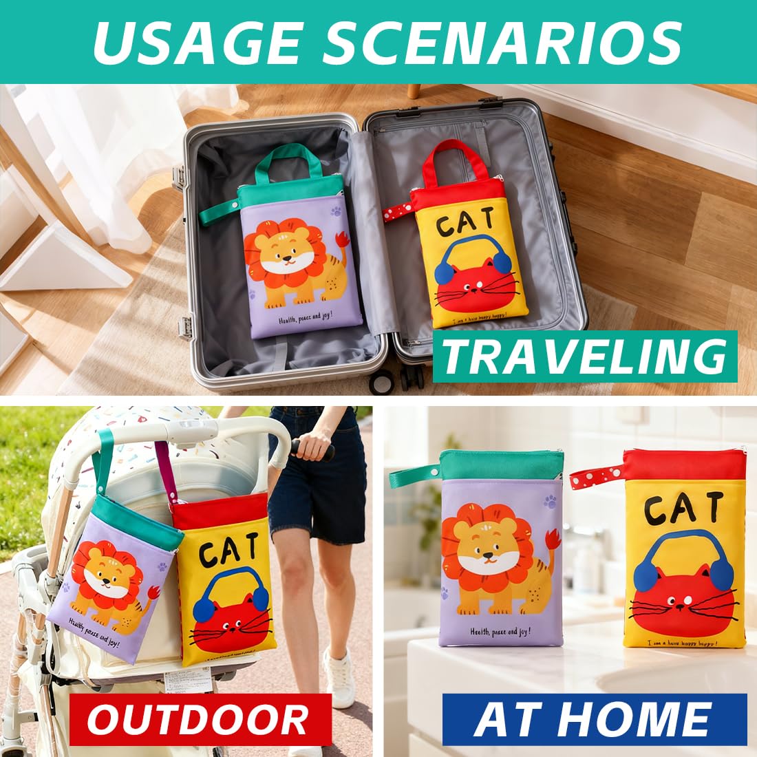 Borze impermeabili riutilizzabili con cerniera 40x30 cm nero e verde set per costumi da bagno asciugamani pannolini