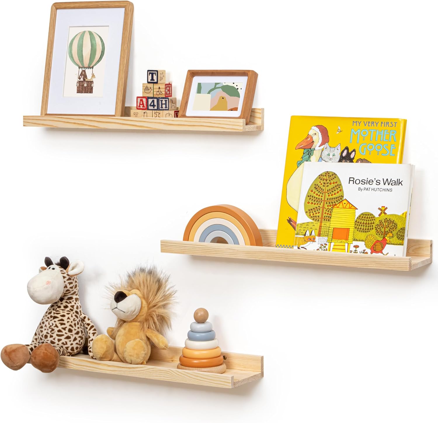 Picture Ledge Shelf for Wall, 24 inches Solid Pine Wood Nursery Book Shelves 3 Packs, Floating Ledge Shelves for Kids' Room Bedroom Bathroom Living Room Photo Frames Office Nursey Wall Decor, Natural Natural 24'', set of 3