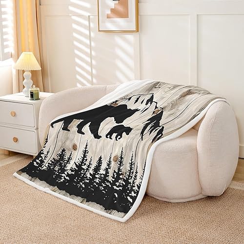 Miniatura 3 de Manfei Manta rústica de granja con oso y árbol de montaña, para decoración de habitación de niños y adolescentes, manta de tablones de madera gris