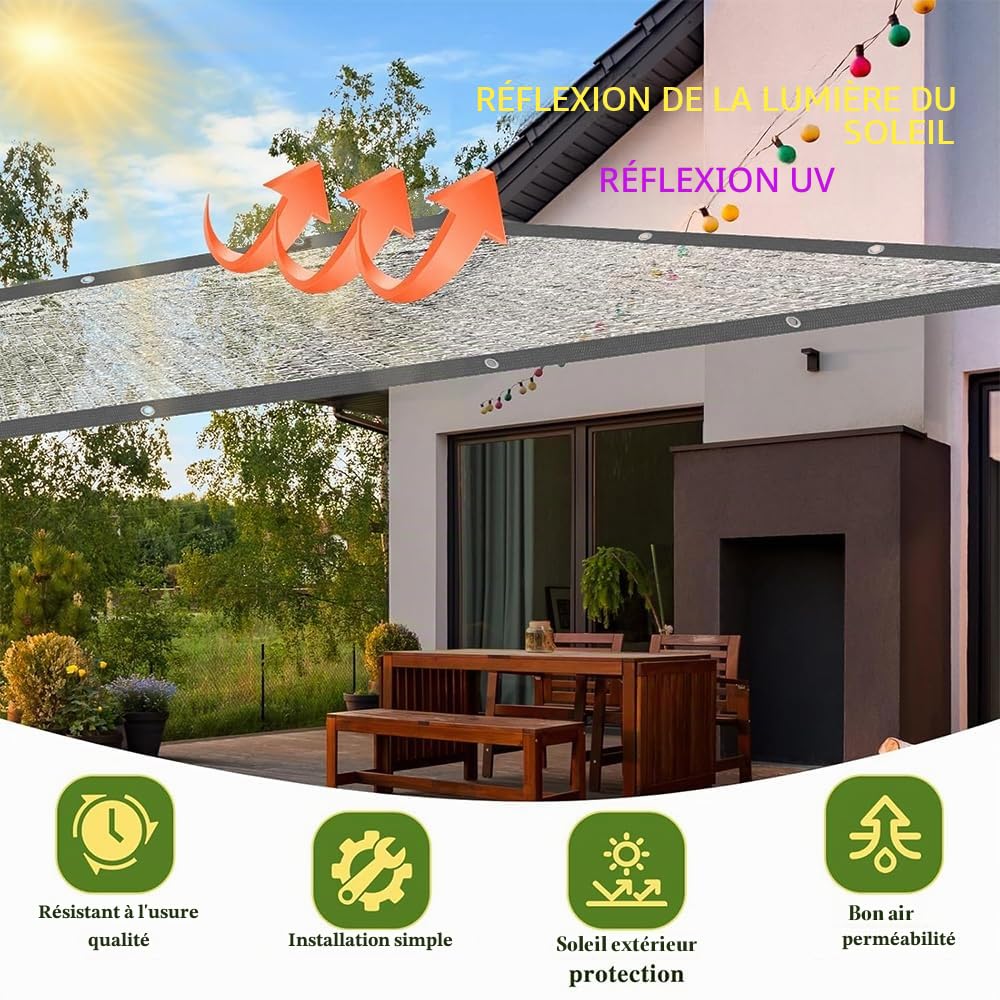 Filet d'ombrage pour voiture et chien 3x4 m, filet de protection solaire pour voiture, filet d'ombrage en aluminium, toile réfléchissante pour camping, filet d'ombrage en aluminium avec œillets 80% UV