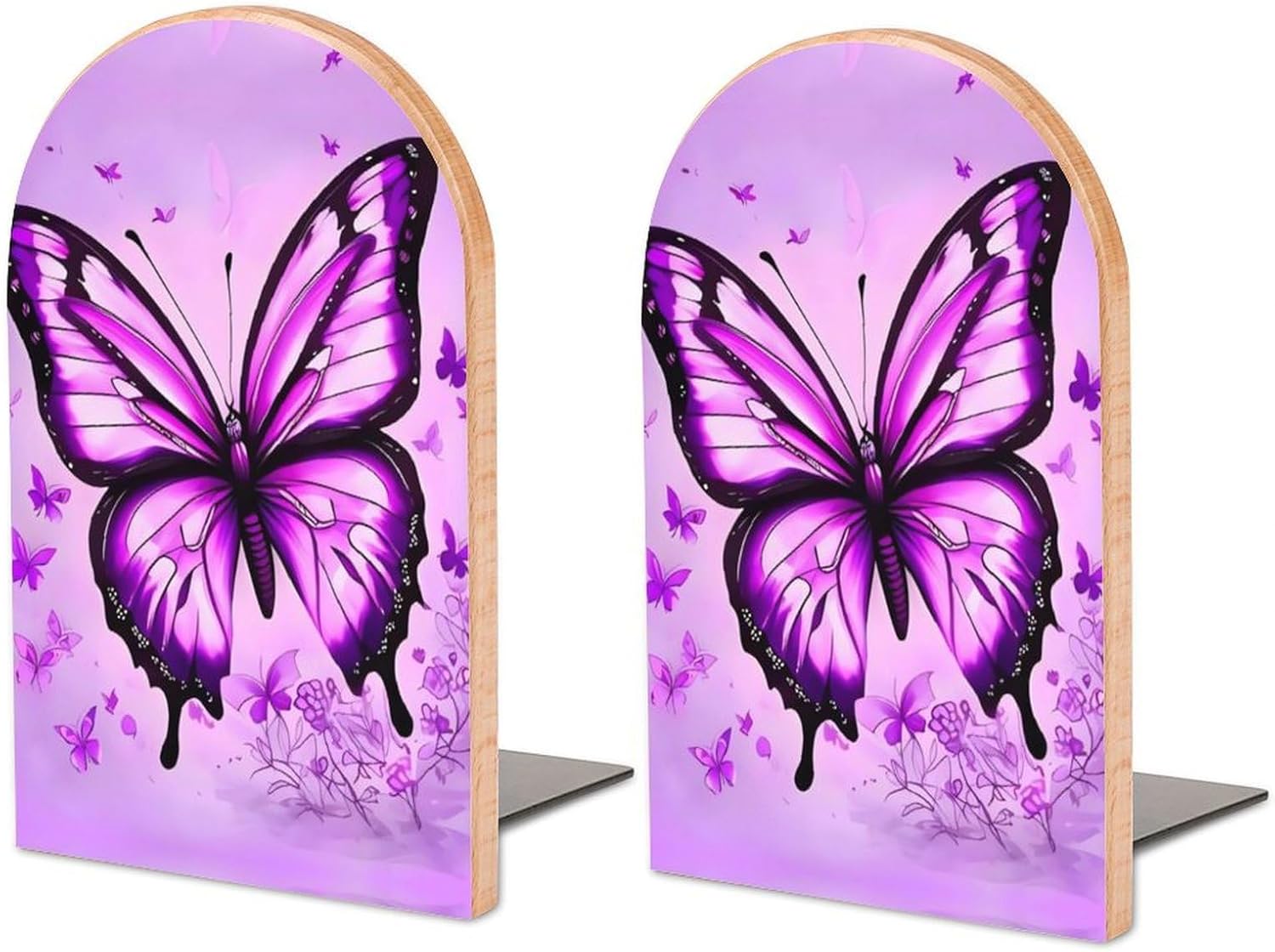Wood Bookends Decorative Bookshelf Purple Butterfly Heavy Duty Wooden Book Shelf Decorate Bookshelves Book Stopper Book Holders Desk Accessories