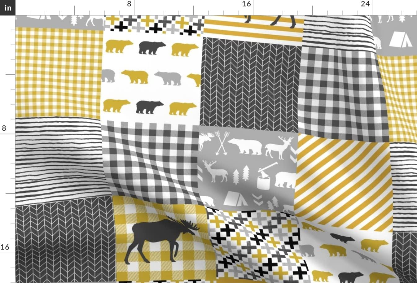 Spoonflower Fabric - Moose Mustard Gray Patchwork Squares Nursery Quilt Wholecloth Cheater Printed on Upholstery Velvet Fabric Fat Quarter - Upholstery Home Decor Bottomweight Apparel