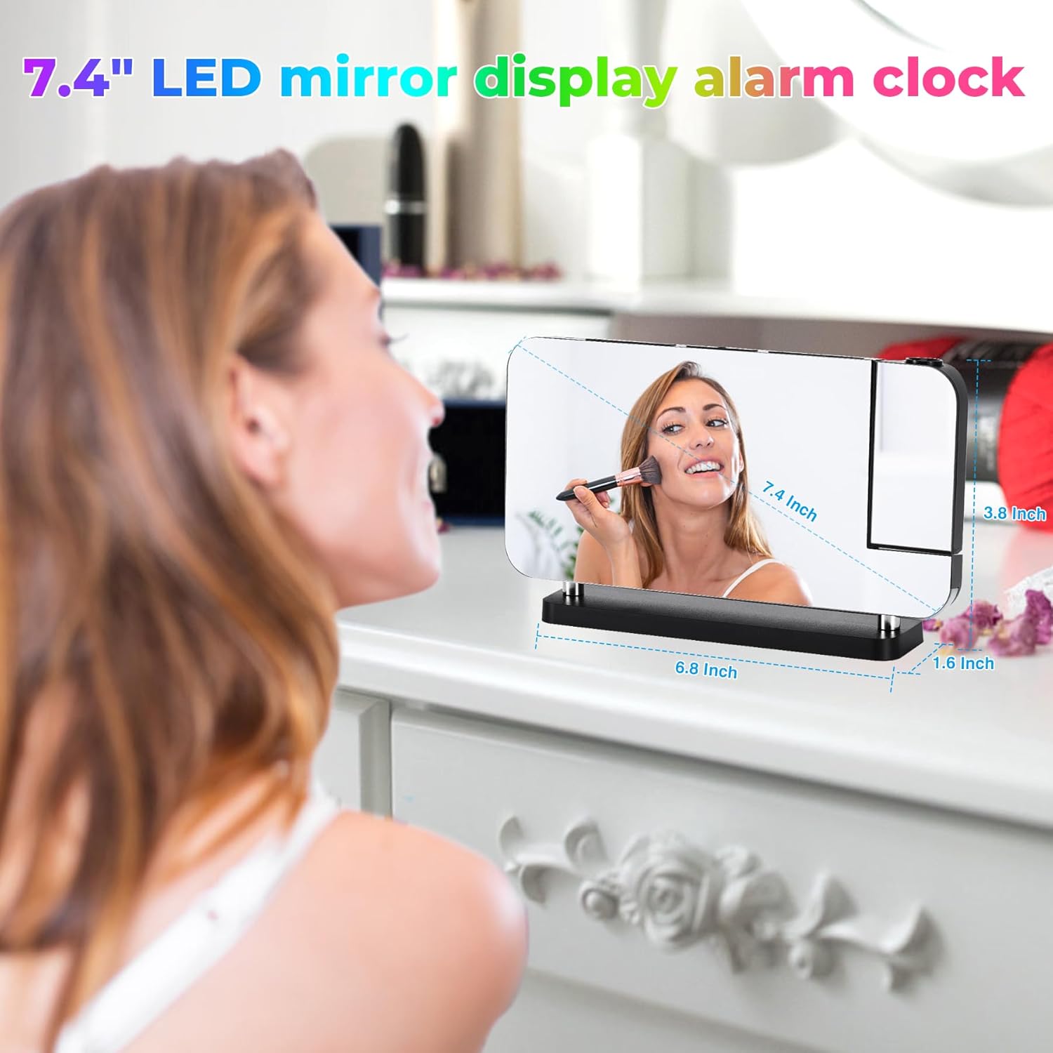 Poeroa Projection Alarm Clock,7.4" LED RGB Digital Clocks Large Display,with 180° Rotatable Projector,Night Light,USB C Charger Port,Auto Dimming,Modern Desk Clock for Teens Adults Bedroom - Black