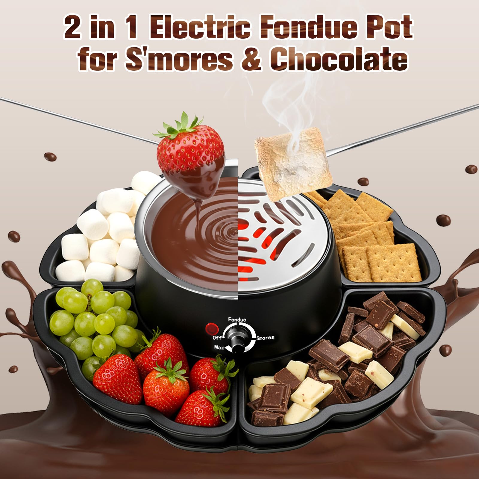 2-in-1 Smores Maker & Schokoladenfondue Set – S'Mores Set für Innenräume, Flammenloser Röster mit 4 Abnehmbaren Tabletts & 4 Grillgabeln, für Partys und Geschenke