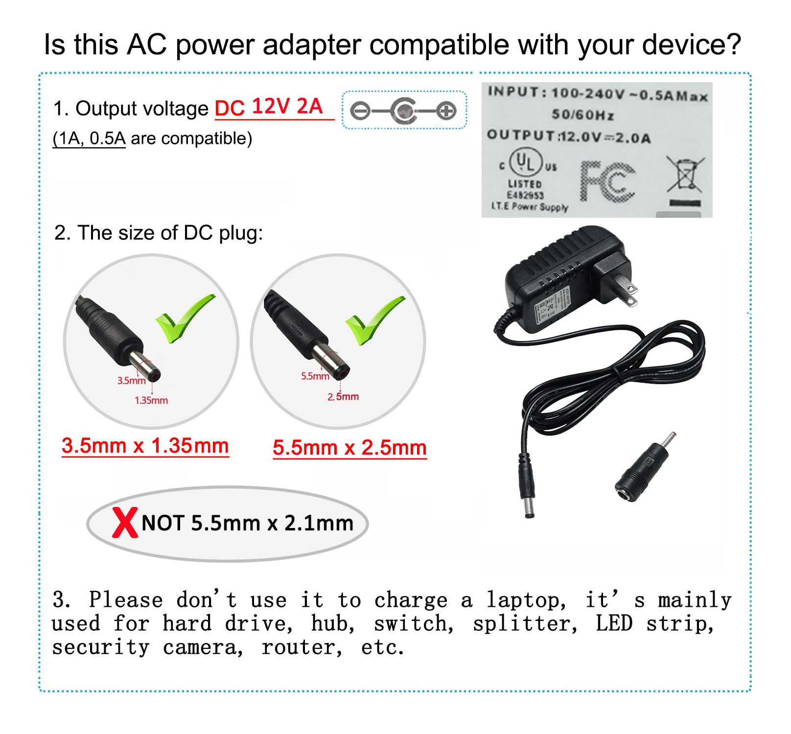 TAIFU 18V 2A 1,5A 1A universele voeding oplaadkabel AC DC adapter 5,5x2,1mm converterkabel (6,5x4,4mm/6,5x3,0mm/5,5x3,0mm/5,5x1,7mm/4,8x1,7mm/4,0x1,7mm/ 3,0x1,0mm/3,5x1,35mm) stekker oplader kabel