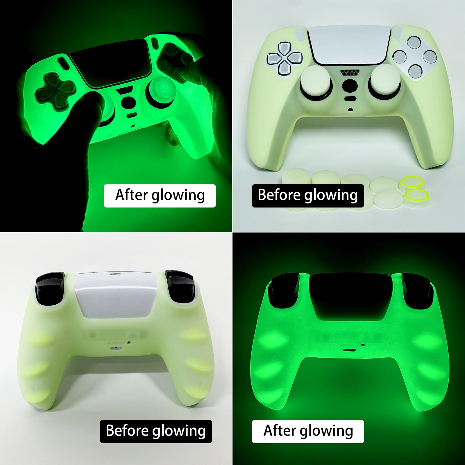PS5 Controller Skins Silicone Grip Glow in The Dark Housse de Protection pour Manette PS5 + 8 FPS Pro Thumb Grips + 2 Pcs Caps.