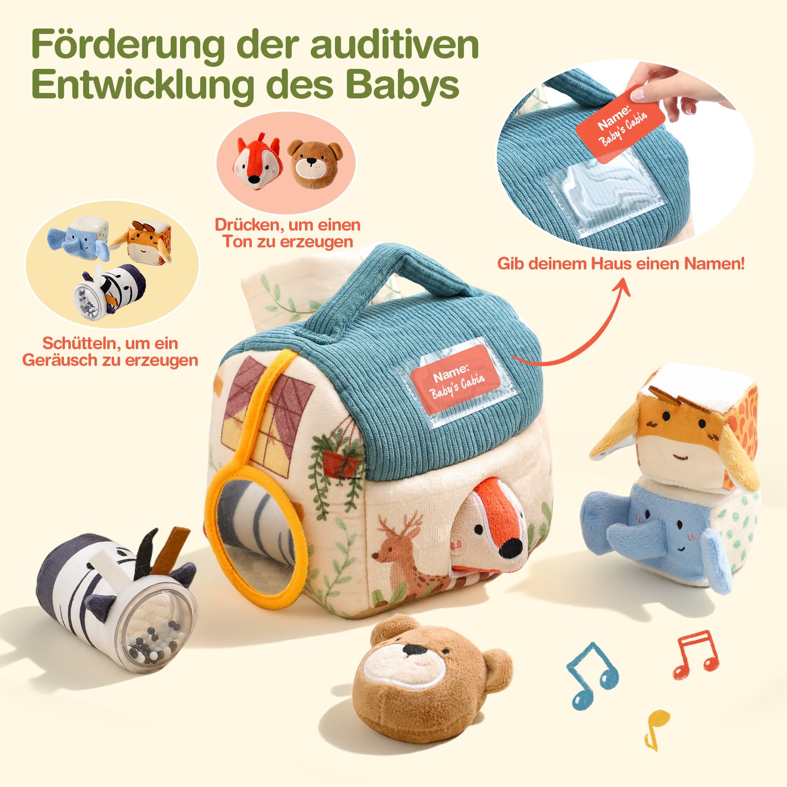 Giocattoli per Bambini 4 6 12 18 Mesi, Giocattolo Montessori Casa Fattoria Sensoriale con 5 Animali, Giocattolo Motorio, Sonagli, Giochi Educativi con Effetti Fruscianti Regalo per Ragazzi e Ragazze