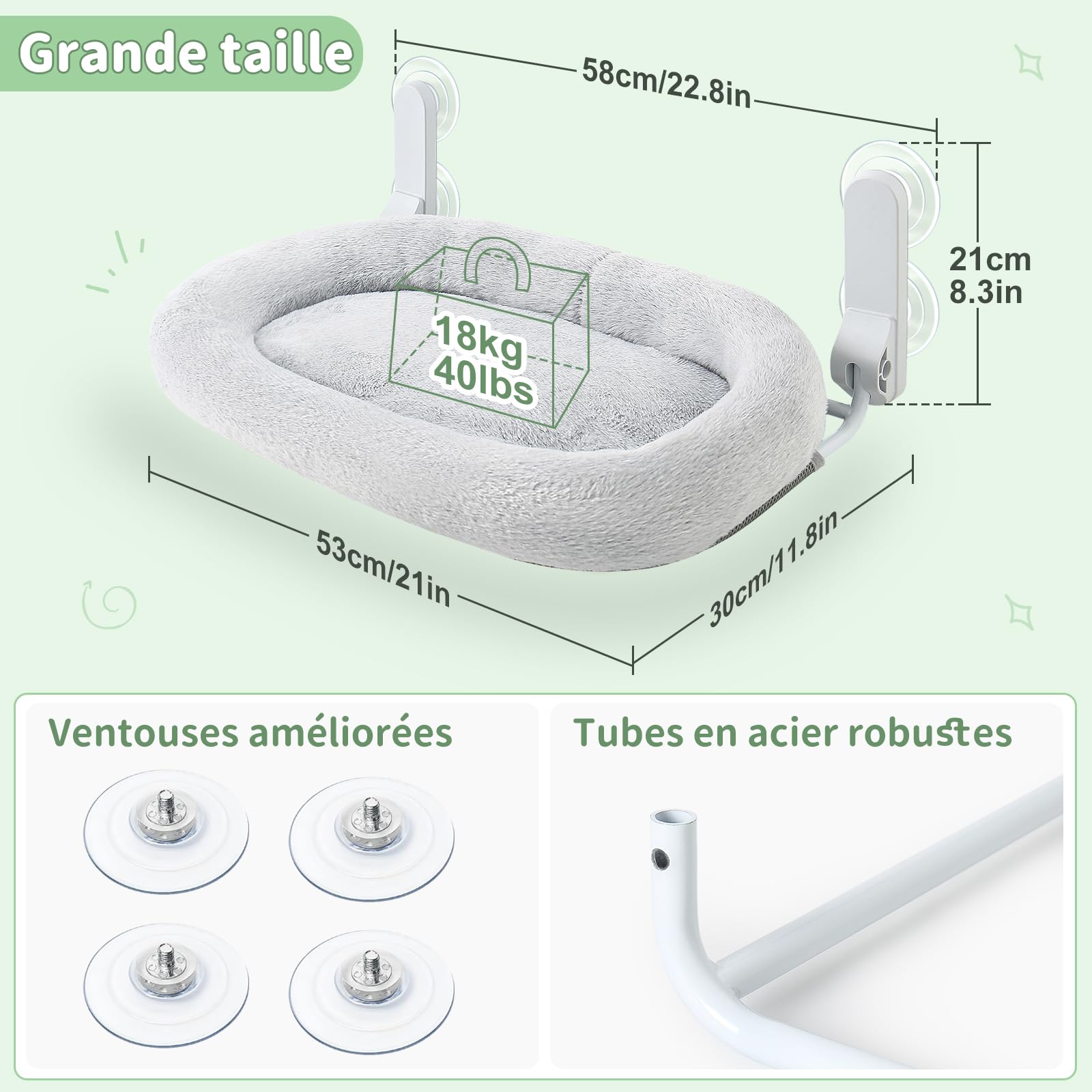 GUUSII HOME Hamac Chat Fenetre Panier Suspendu et Perchoir pour Grande Chats Lit Etagere de Fenêtre Pliable Transat Facile à Monter Housse Lavable en Machine avec Ventouses Support 18kg (Gris)