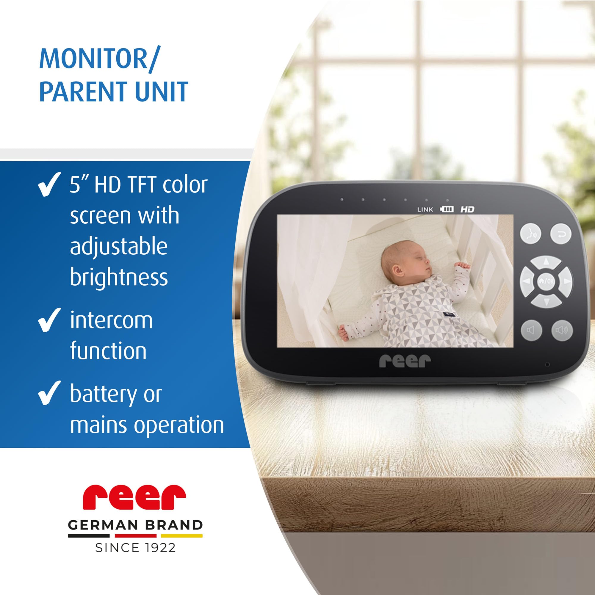 reer BabyCam Pro HD Move | Cyfrowa niania wideo z technologią FHS | Duży ekran HD 5" | Zasięg 300 m | Obrotowa i przechylana kamera z noktowizorem i 4-krotnym zoomem