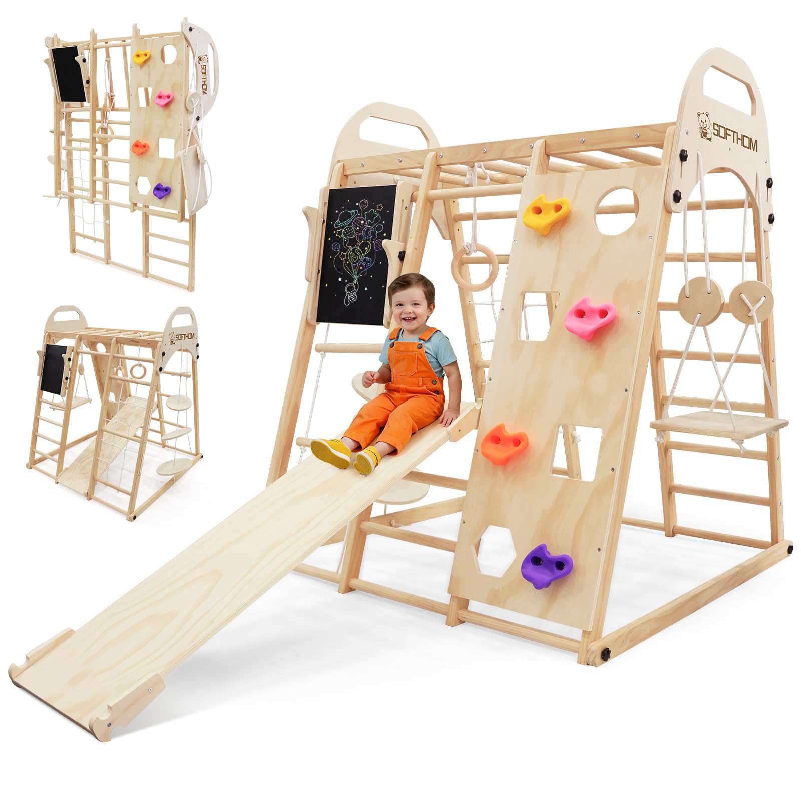 Maxi Telaio da Arrampicata per Interni, 12 in 1 Montessori Parco Giochi per Interni per Bambini(Pieghevole), Multifunzionale Telaio da Arrampicata di Legno, Lavagna, Oscillazione, Skateboard