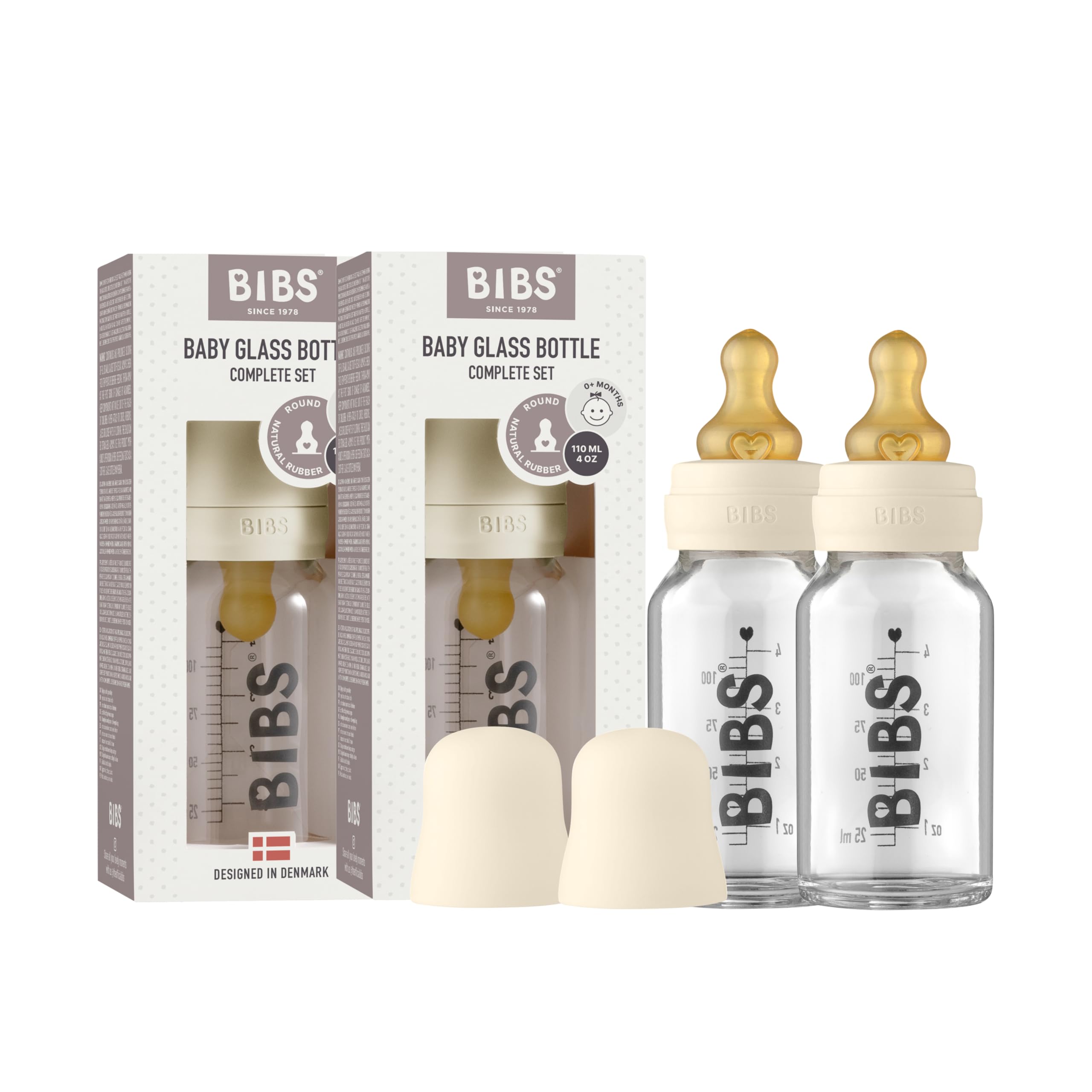 Biberon in vetro BIBS. Set di 2. Anti-coliche. Tettarella rotonda in lattice di gomma naturale. Favorisce l'allattamento naturale al seno, Complete Set - 110 ml (Pack of 2), Ivory