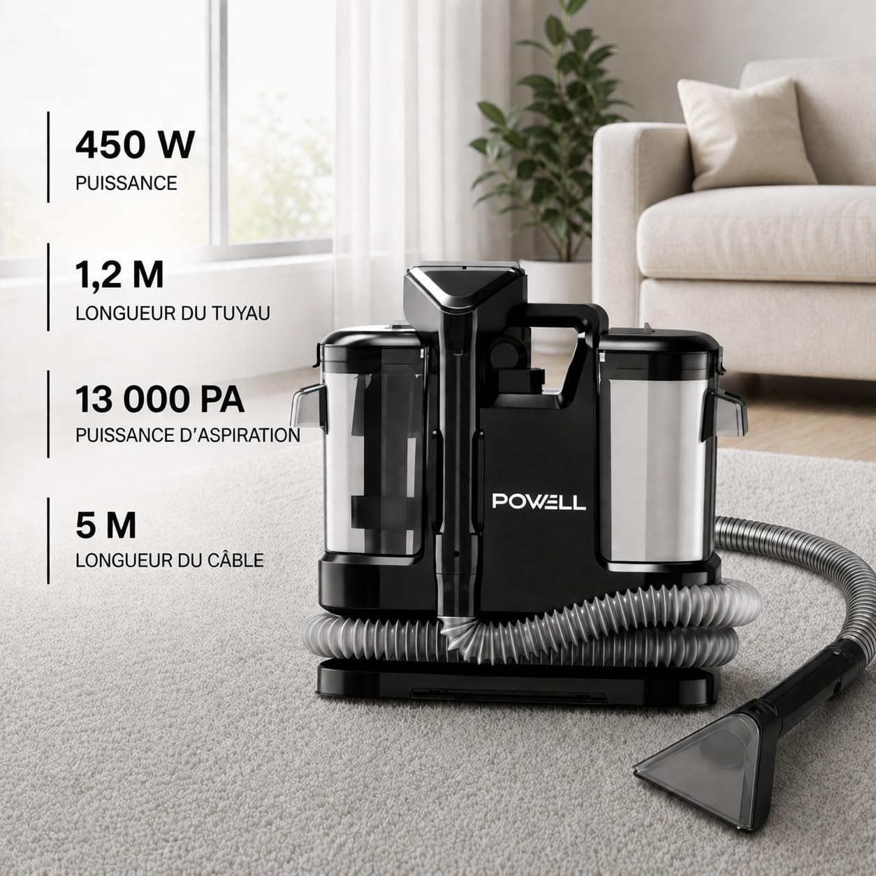Powell Nettoyeur Vapeur Shampouineuse – 450W Aspirateur Voiture Portable pour Tapis, Canapés, Matelas et Moquette | Réservoir 1,8L Nettoyant Injecteur pour Canapé, Tissu, et Voiture – Noir