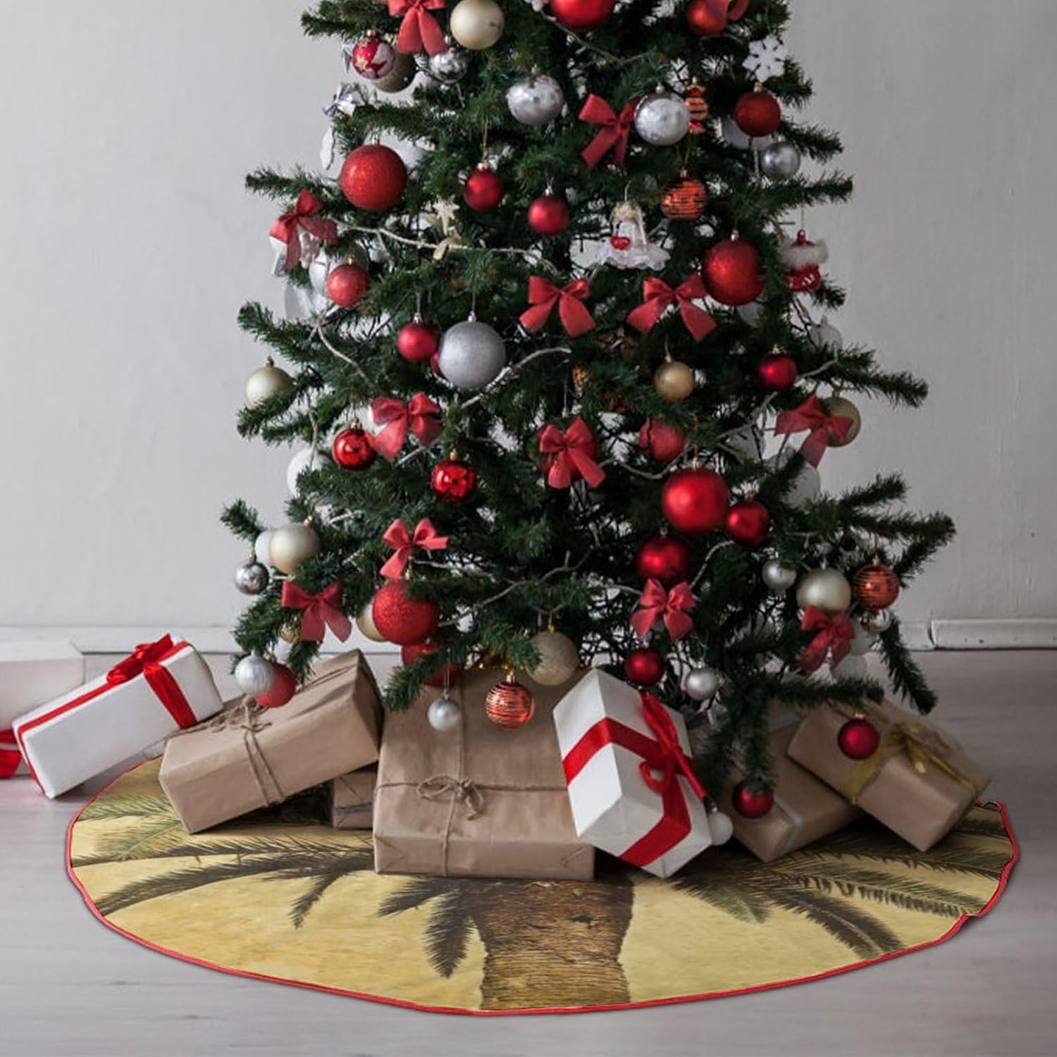 Christmas Tree Skirt,for Xmas Tree Holiday Party Decorations Palm Tree Tropical Printed Christmas Tree Mat Red Lace-up Christmas Tree Dress