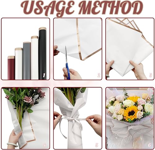 Miniatura 5 de Cieovo 50 hojas de papel de regalo de flores florales de color negro y blanco, papel de embalaje de floristería impermeable y cinta de satén para