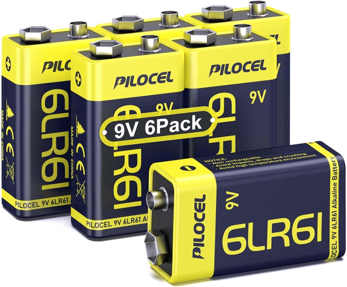 PILOCEL 9V Batteries 6 Pack, 9 Volt Alkaline Battery, Long-Lasting 9V Battery for Smoke Detector, 10-Year Shelf Life 6 Count