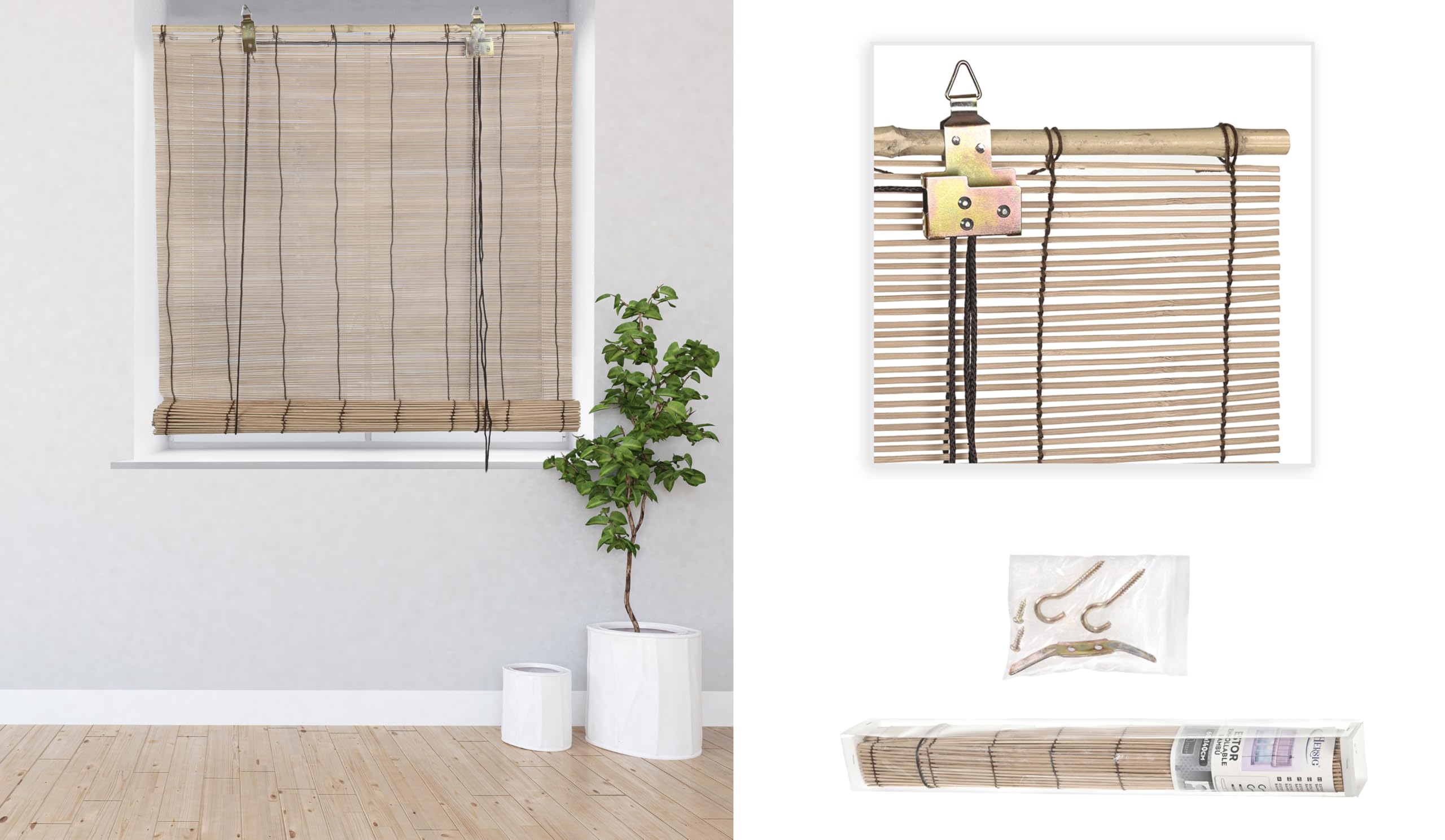 HERSIG - Estor Enrollable de Bambú Natural 150 x 200 cm - Persiana Enrollable Interior y Exterior - Estilo Natural para Ventanas - Privacidad y Fácil Instalación - Marron Claro (Medidas aproximadas)