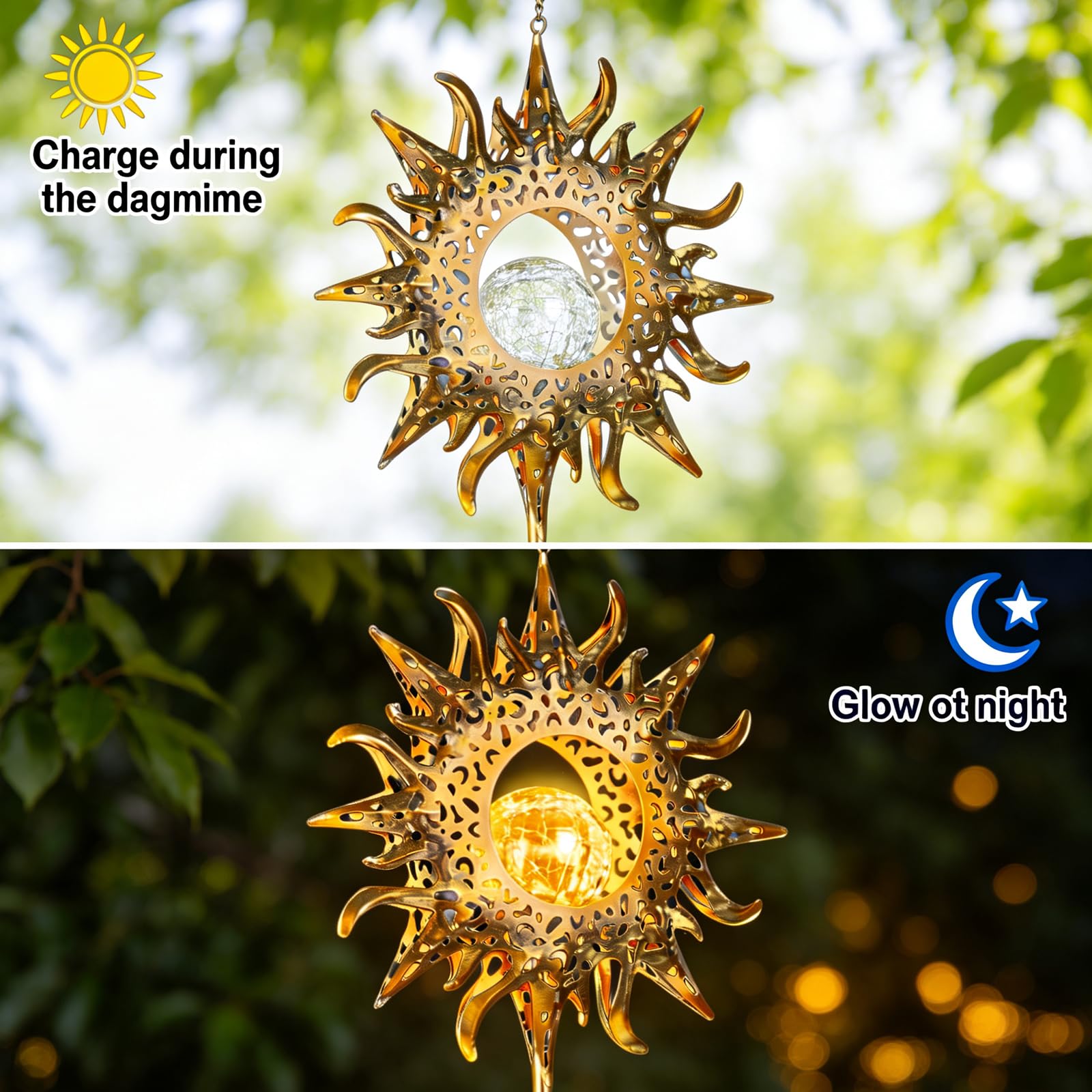 Campanello a vento solare con sfera in vetro craquelé, per esterni, a energia solare, per patio, giardino, balcone, decorazione perfetta per proprietari di case e appassionati di giardino