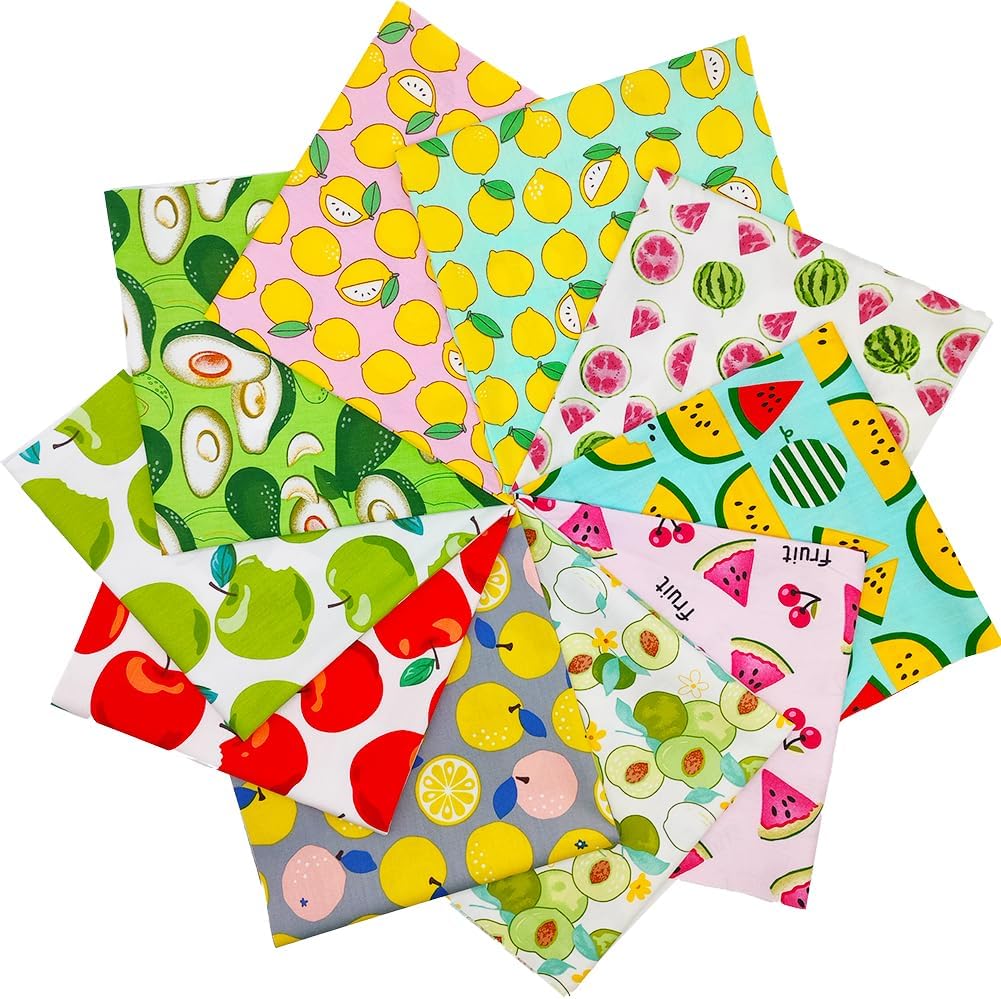 Fat Quarters Fabric Bundles, 10 Pcs 100% Cotton 19.69” x 19.69” (50cmx50cm) Precut Quilting Fabric Squares Sheets for DIY Patchwork Sewing Quilting Crafting, No Repeat Design (Fruit Pattern)