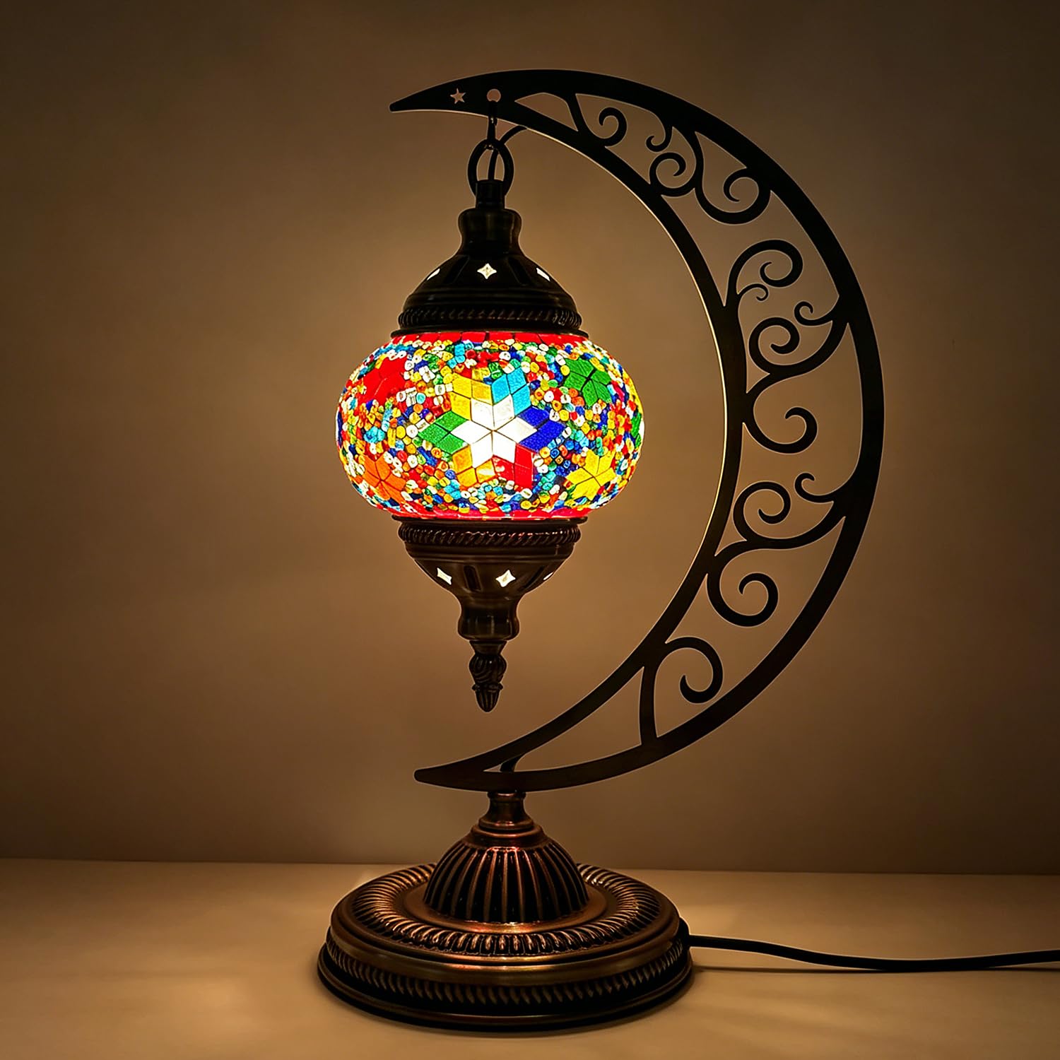 Bohemian Turkish Mosaic Moon Table Lamp with Bronze Base USB Powered Handmade Stained Glass Bedside Lamp H 15.35in Mosaic Moroccan Night Light for Dining Room Bookstore Bedroom Decor(Colorful4) — image 1