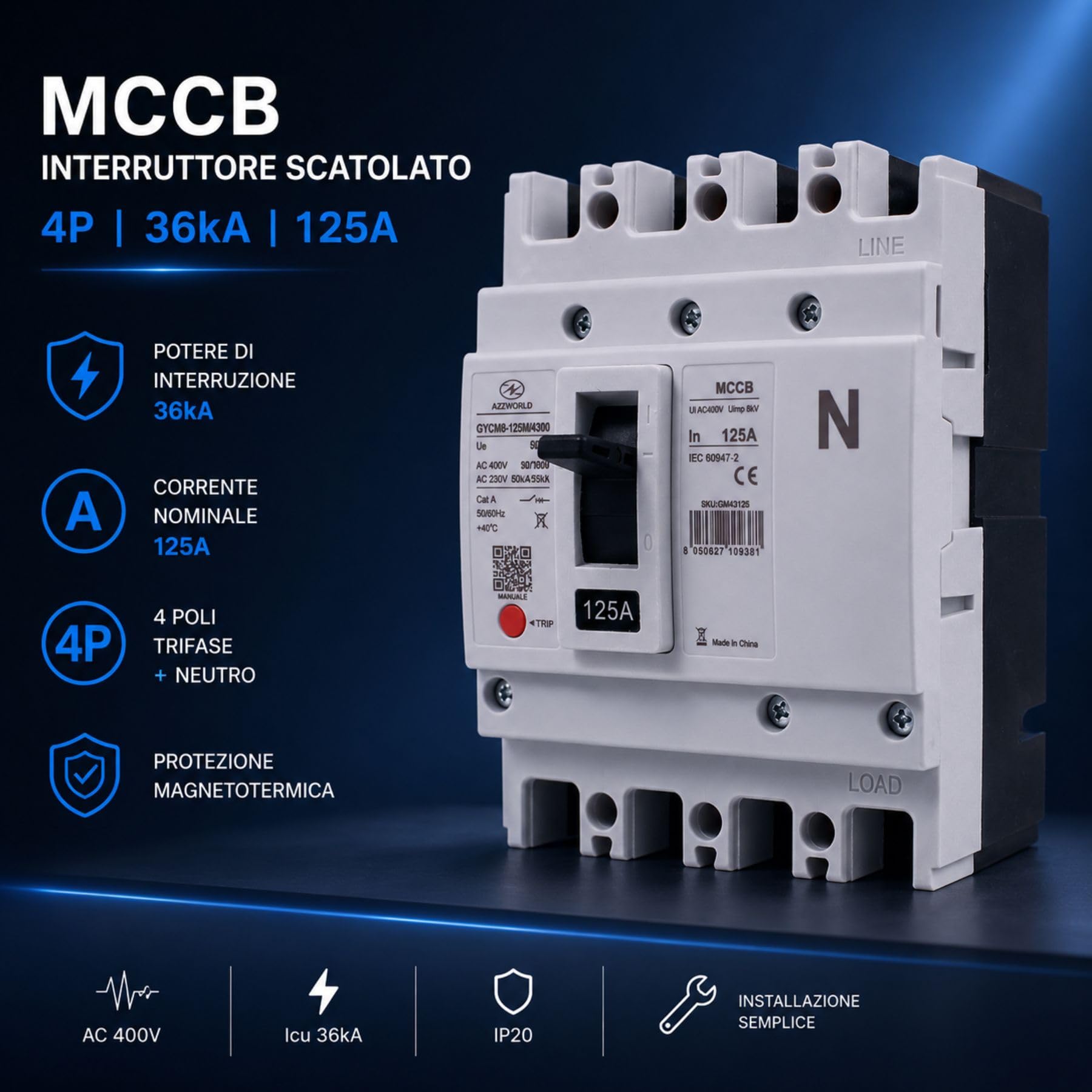 Interruptor en caja MCCB 125 A 4 polos 3P + N, magnetotérmico industrial trifásico, Icu/Ics 36kA/18kA, Ui AC400V, Uimp 8kV, Cat A, IEC 60947-2, botón TRIP, para cuadros eléctricos, serie GYCM8
