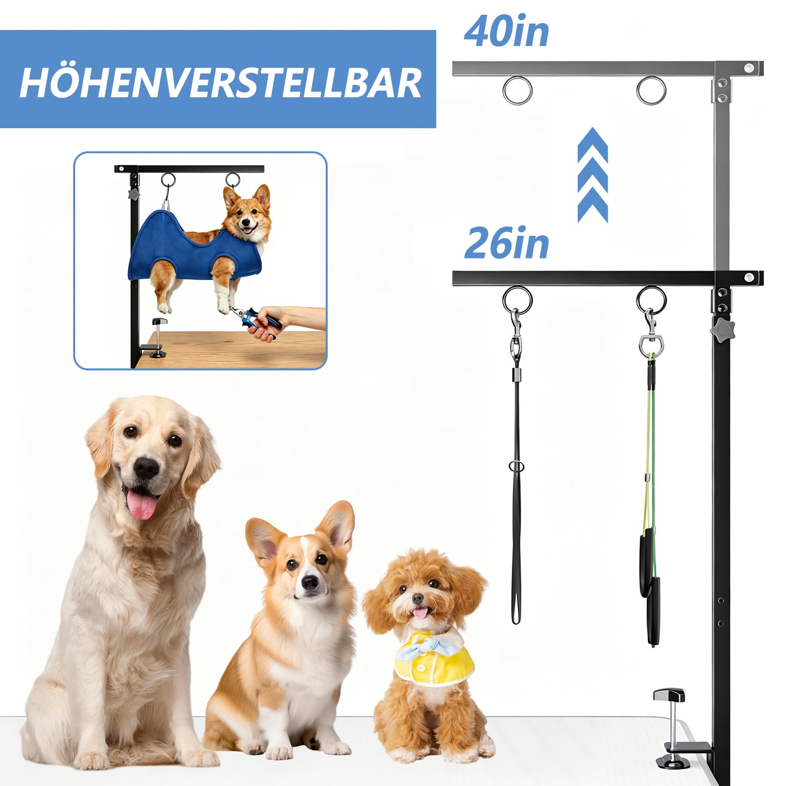 W&H Brazo plegable para aseo de perros con abrazadera de mesa, altura ajustable | 66 – 102 cm, accesorio de peluquería para perros con hamaca y correa antiasiento, para aseo, baño y tijeras