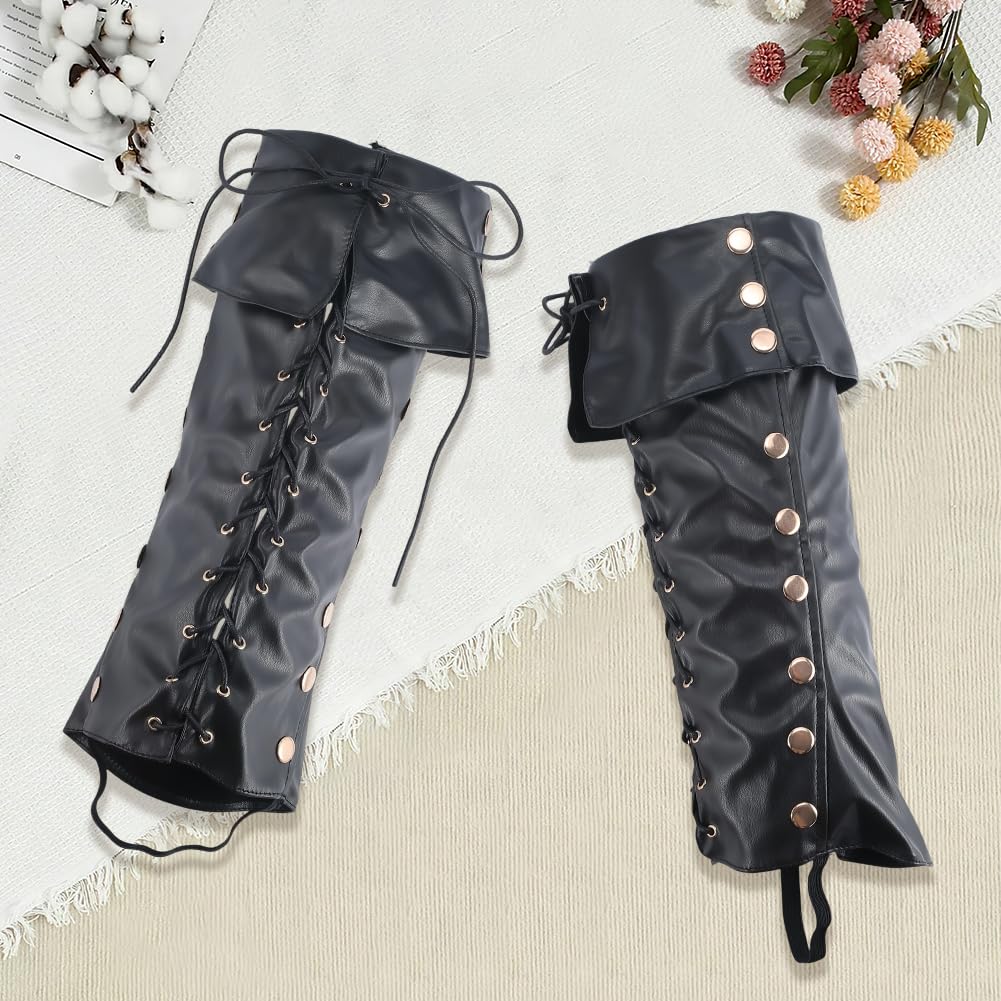 GORGECRAFT 2 Funda para Botas Medievales de Piel Sintética Negra Protectores de Piernas de Piel Sintética Botas Piratas Polainas Vintage de Caballero Renacentista Disfraz Halloween Carnaval Cosplay