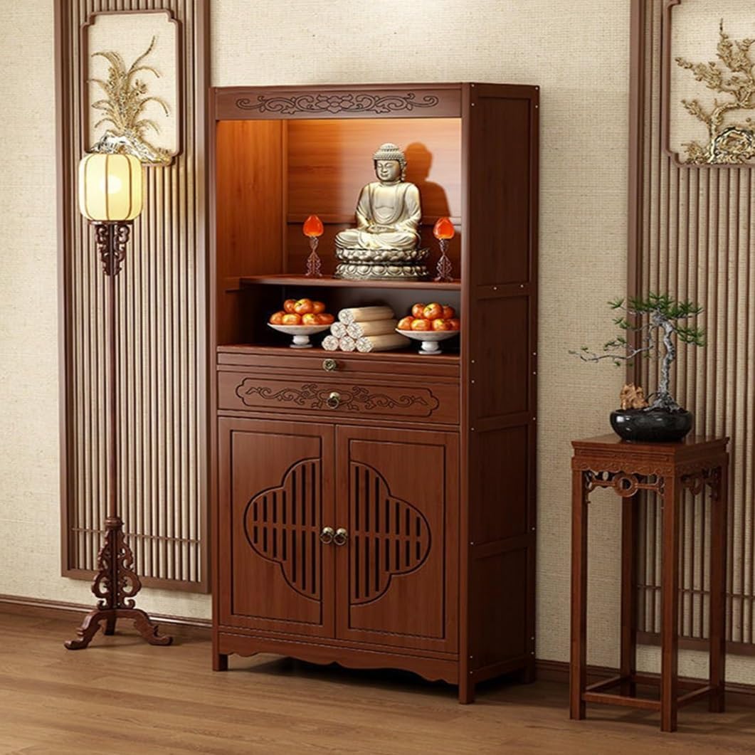 Personal Shrine Altar Table, Buddha Niche Chinese Cabinet Altar with Storage and Drawer, Bamboo Meditation Table Incense Burner Pedestal Offering Table for Prayers Divination(Open,68cm/26.7")