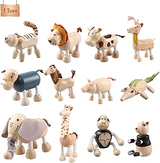 12PCS Bendable Wooden Animal Toys, Fun and Posable Animal Toys Figures for Early Education, Safari Wood Toy for Kids, Smooth Natural Wood, Wood Animal Learning Toy for Children (12 Pack Zoo)