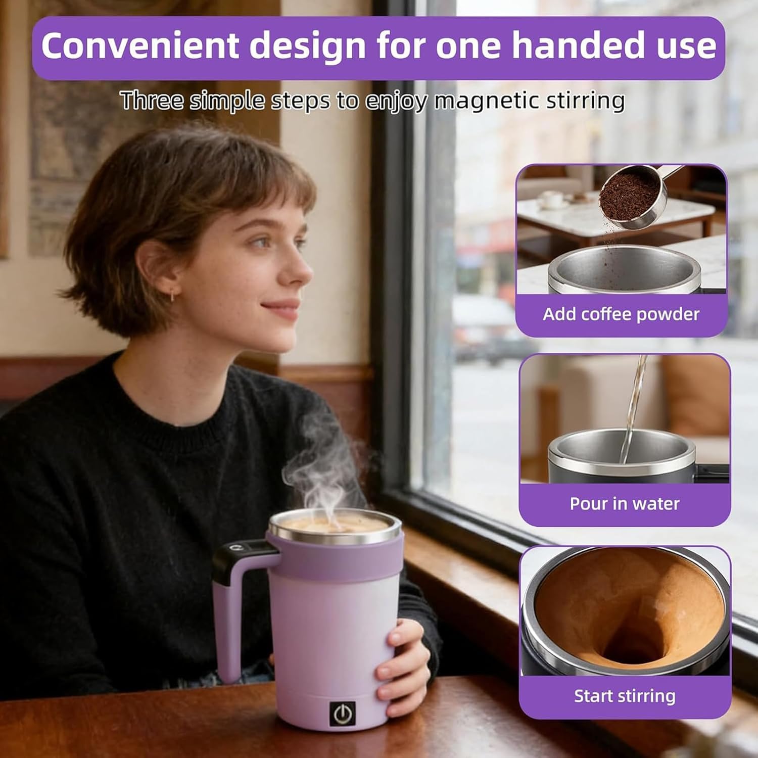 Taza agitadora magnética, taza de viaje calentada con control de temperatura inteligente, mezclador de bebidas portátil, recargable por USB-C, uso con una sola mano, base extraíble para café y té