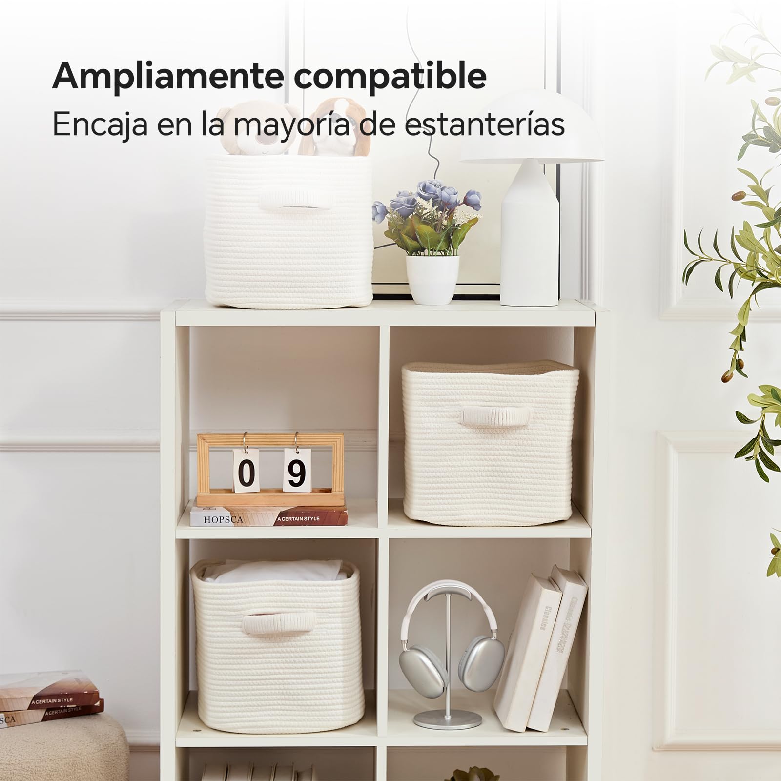 Mangata Juego de 3 cestas de almacenamiento de cuerda de algodón trenzado con asas, para estantería, baño, salón y habitación infantil, 28 x 28 x 25 cm, color blanco