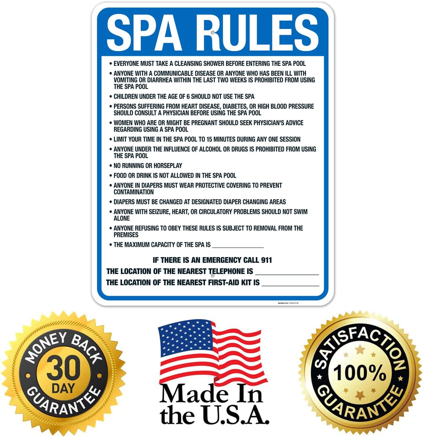 Washington Spa Rules Sign, Complies with State of Washington Pool Safety Code, (SI-62171) 24x30 Inches, 55 mil Thick HDPS (high Density polystyrene), Made in USA