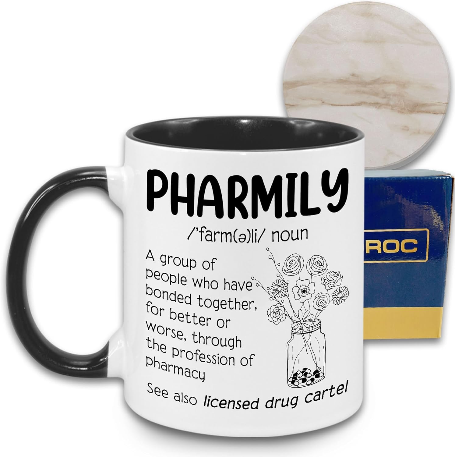 Pharmily Coffee Mug with Ceramic Coaster, Pharmacy Technician Accessories for Women, Pharmacy Tech Week Gifts For Employees Assistant Manager, Pharmacist Coffee Cup