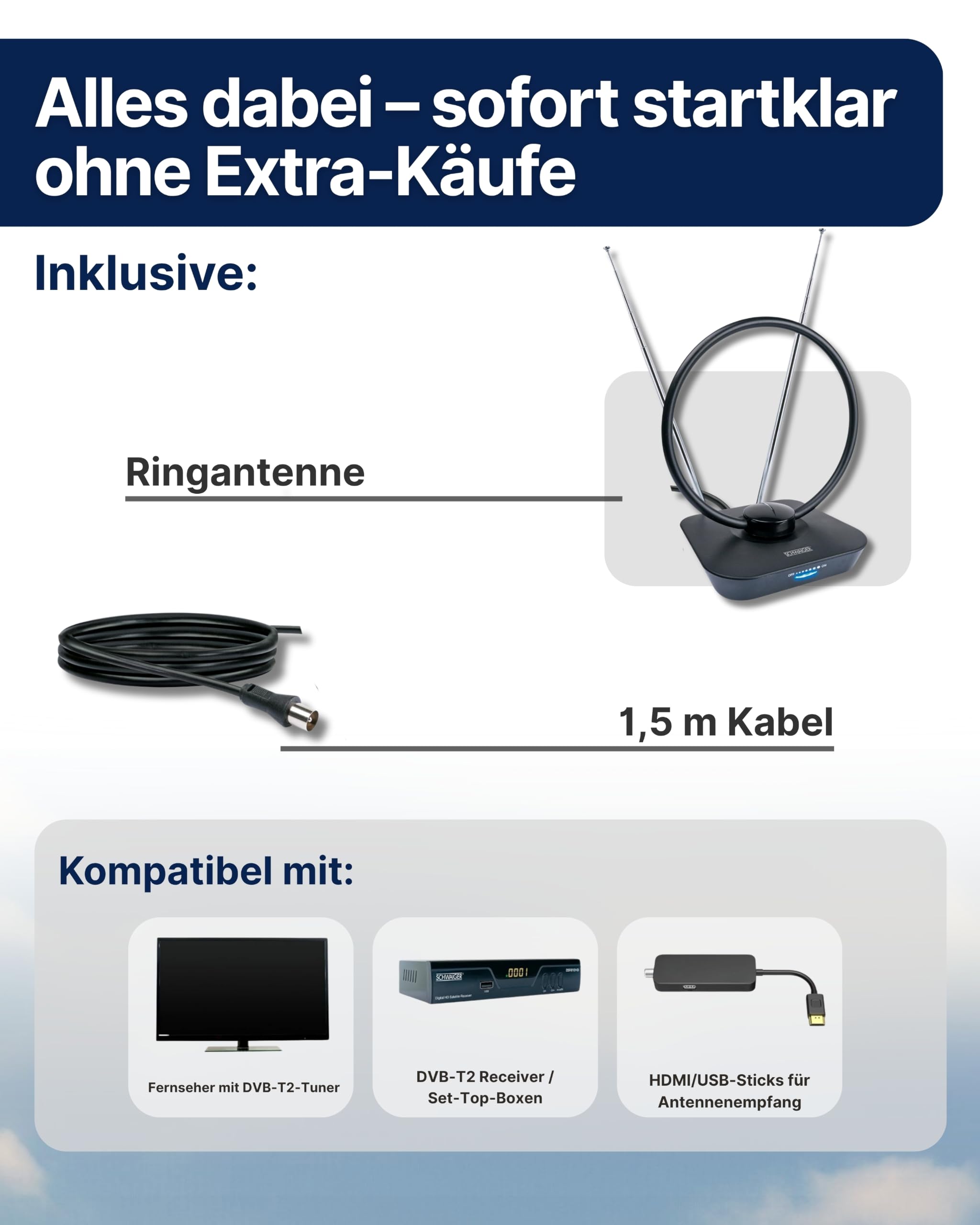 SCHWAIGER DVB-T2 Zimmerantenne aktiv I 36 dB TV-Antenne mit Verstärker regelbar & LTE-Filter I DVB-T2 HD Ringantenne für Fernseher I DAB+ Radio Innenantenne mit Teleskop-Stäben