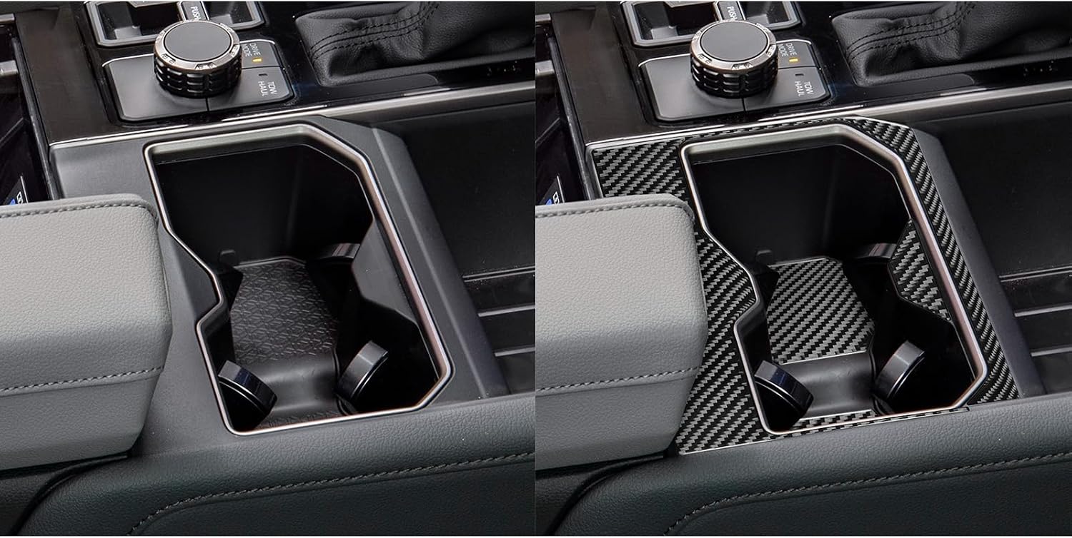 Car Center Console Water Cup Holder Panel Trim Sticker Compatible with Toyota Tundra 2022 2023 2024 2025(XK70)/Sequoia 2023 2024 2025(XK80) Real Carbon Fiber Auto Interior Accessories Black