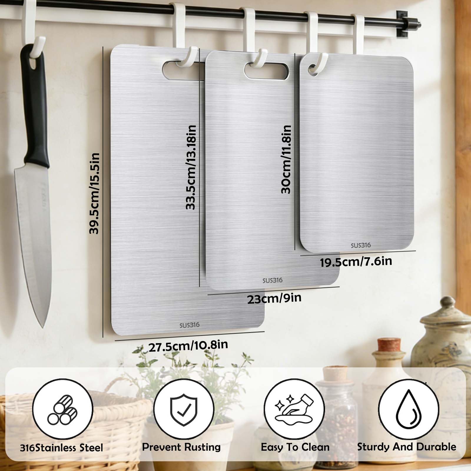 Lot de 3 Planches à Découper Titane & Inox - Double Face Qualité Alimentaire, Non Poreuses Sans Microplastiques, Résistantes aux Odeurs, Hygiéniques pour Cuisine Domestique