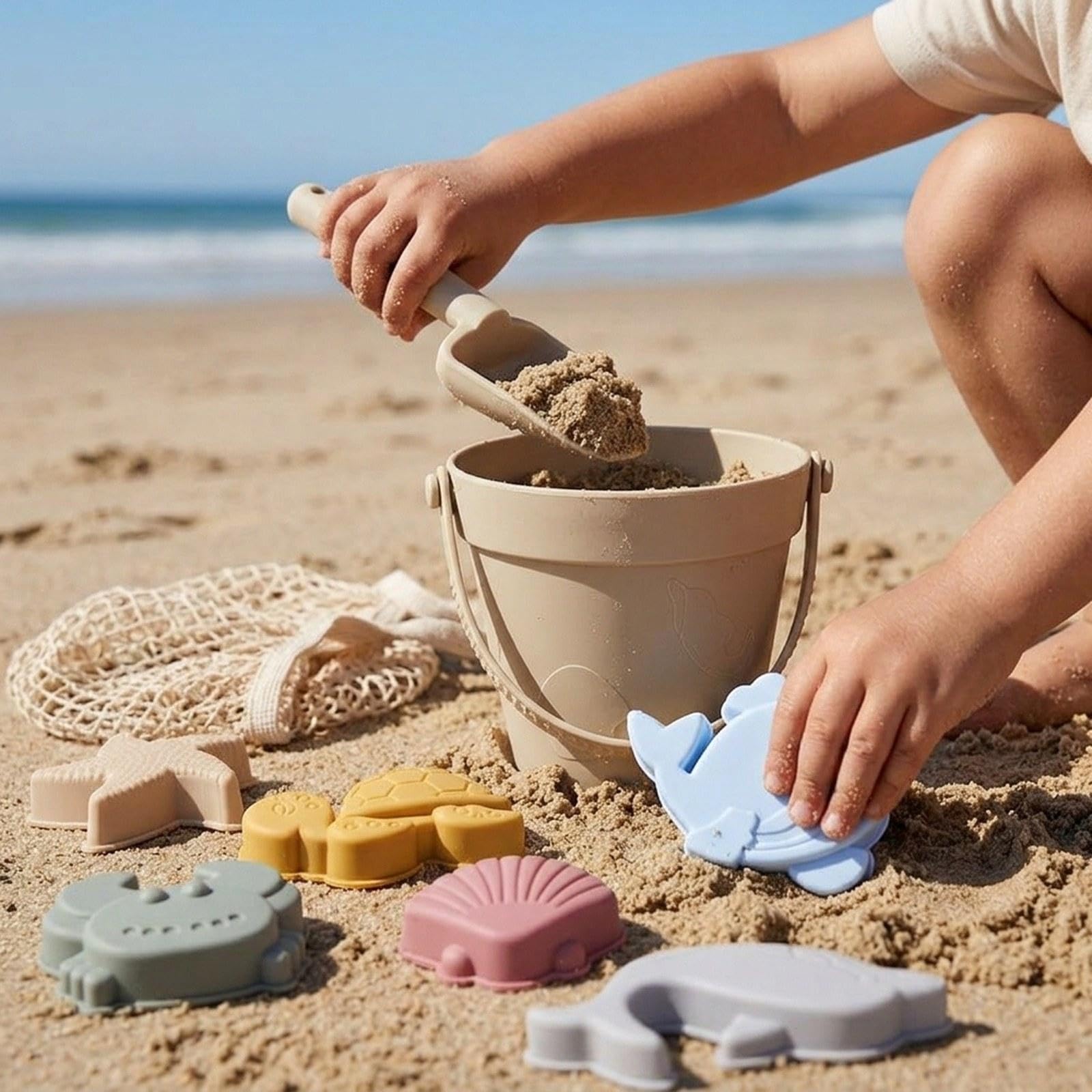 Set di Giochi Sensoriali da Spiaggia in Silicone, Sabbiera Portatile per Bambine, Giocattolo per Scavare, Beige Bianco