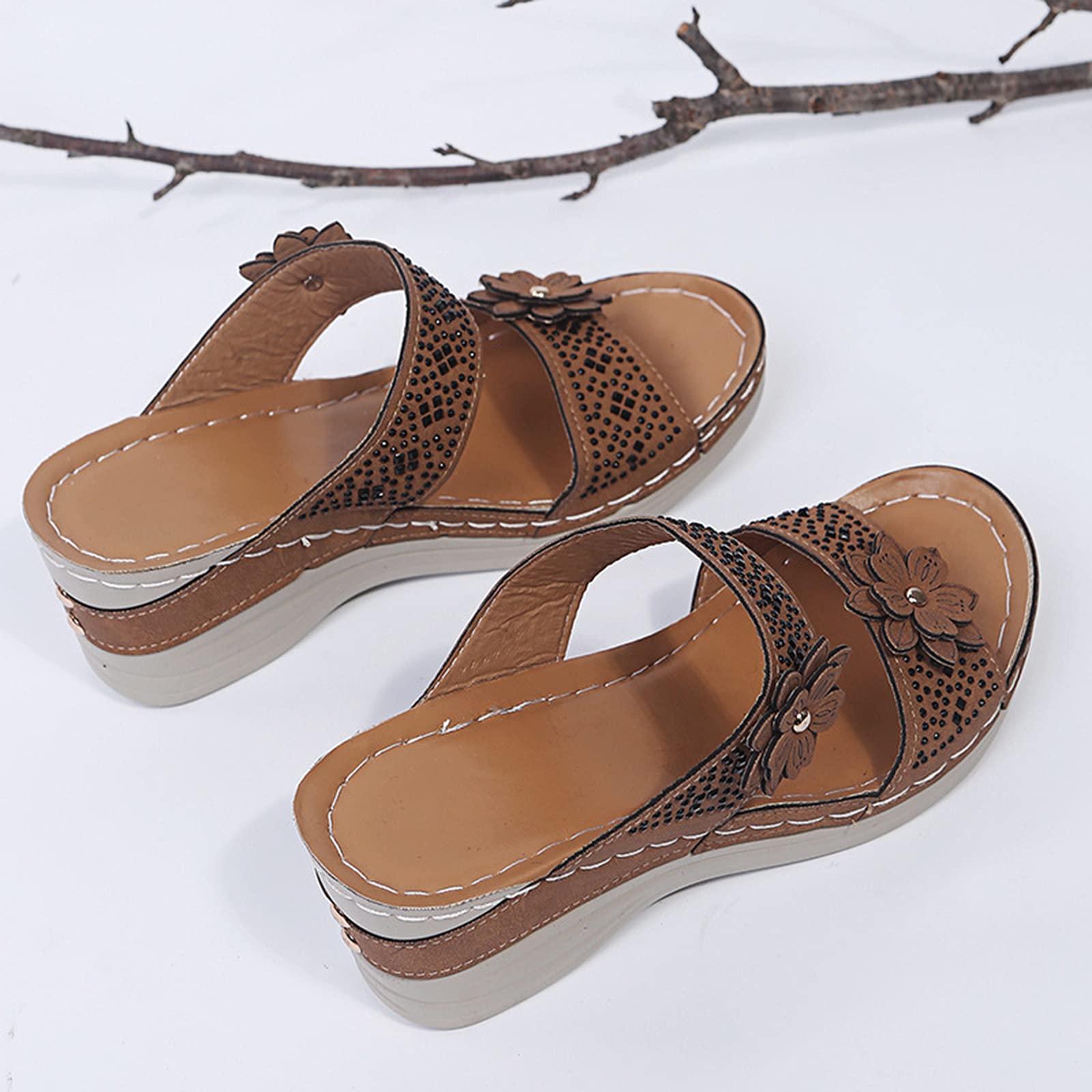 Hhzy Women's Brown Faux Leather Flowers Rhinestone Peep Toe Slip On Low Wedge Backless Mules Summer Sandals Beach Walking Slippers Shoes,,Us7/Eu38