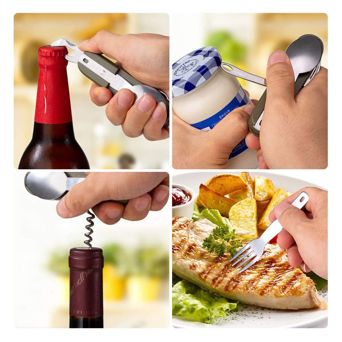 Coltello Multiuso Pieghevole 6 In 1 - Forchetta, Cucchiaio, Cavatappi E Pi&ugrave;