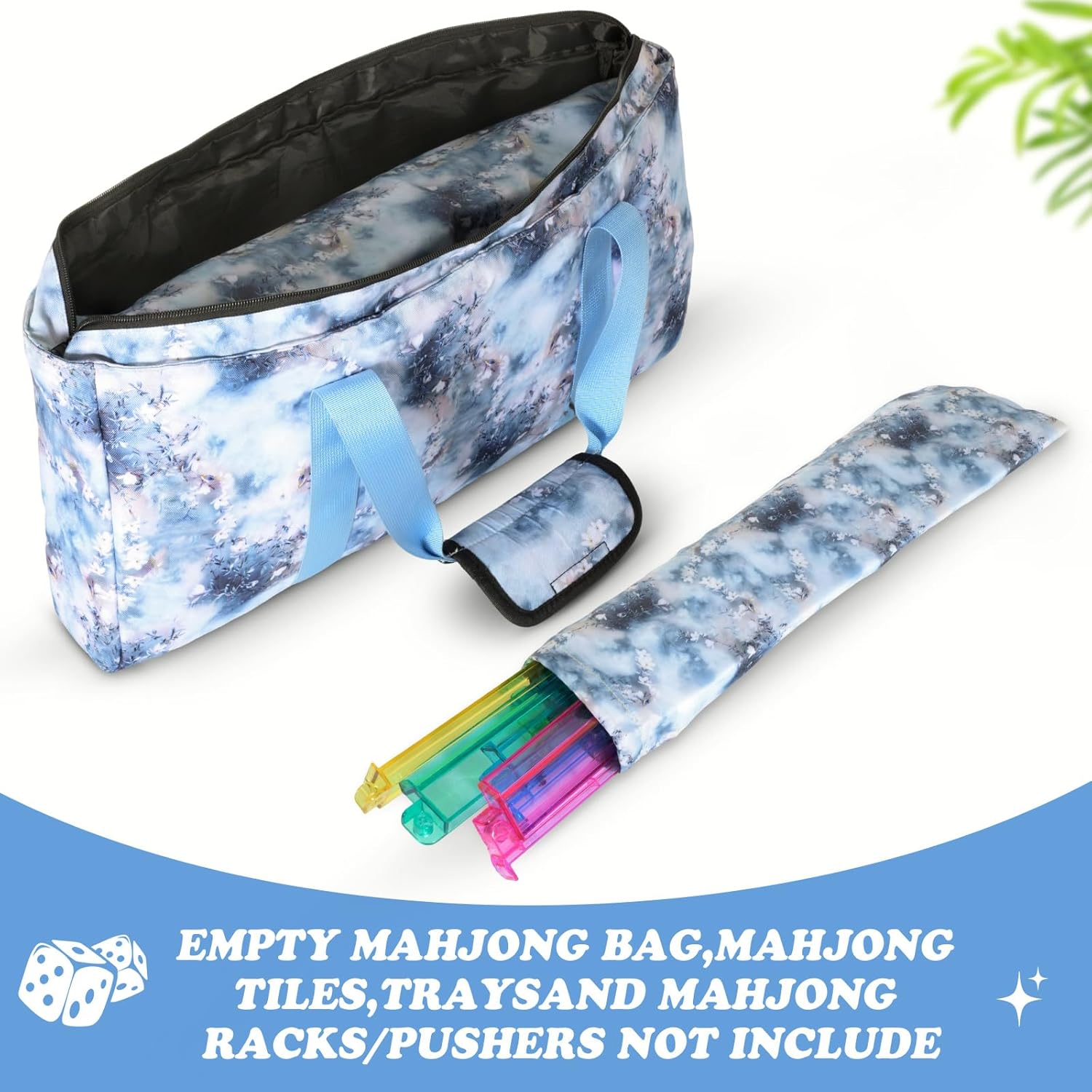 Thickened Version Mahjong Tile Bag, American Mahjong Carrying Case for Tiles, Racks & Pushers with Protective Drawstring Sleeve, Blue Printed Travel & Party Storage Bag (Case Only)