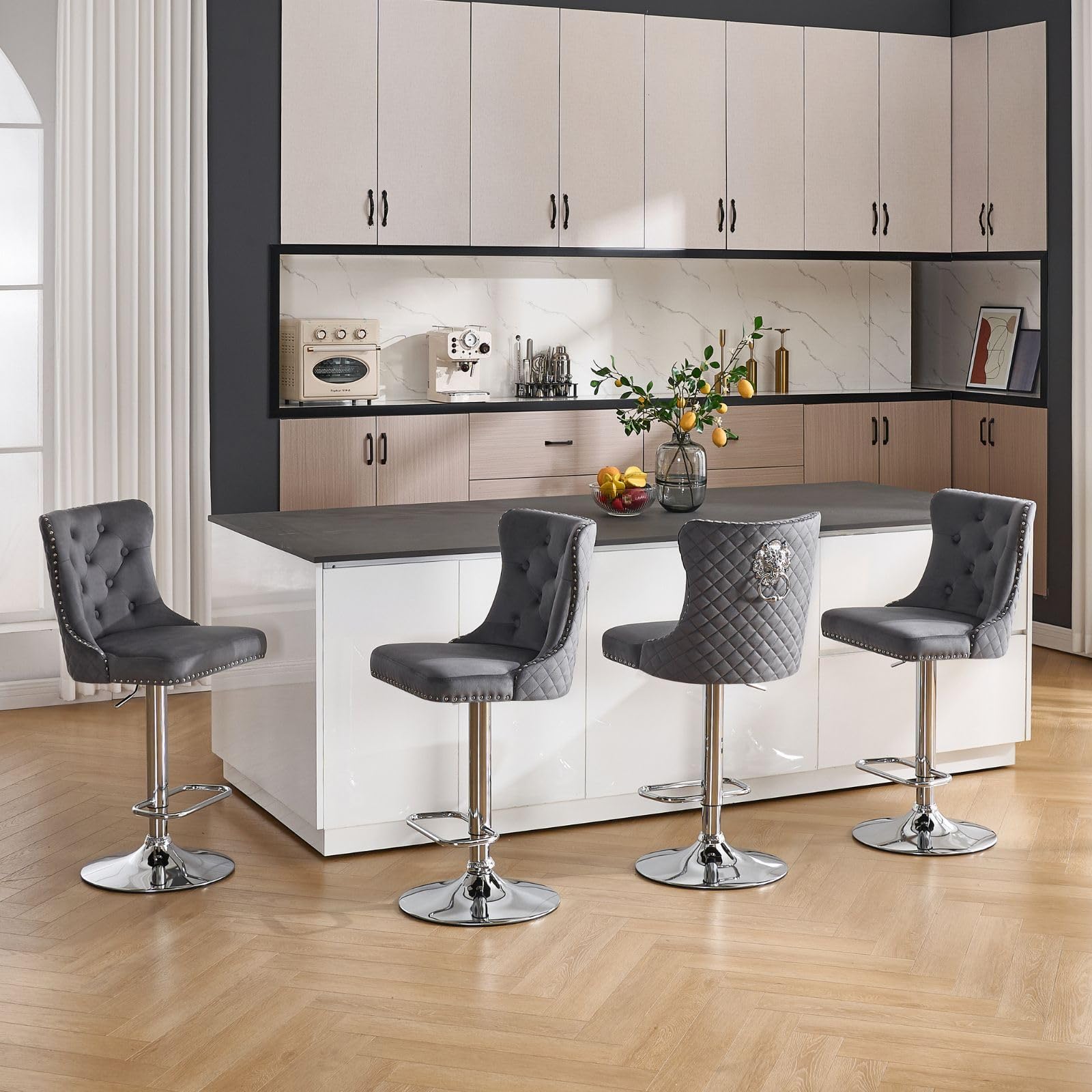 Chummaven Swivel Bar Stools Set of 4, Modern Adjustable Counter Stools with Lion Pull Ring, Velvet Tufted Barstools Upholstered Bar Height Chairs for