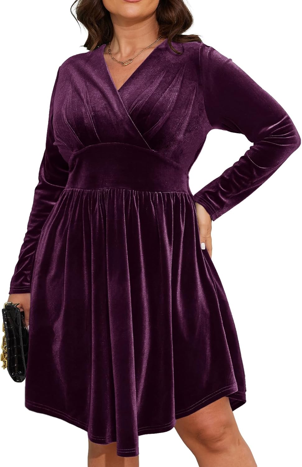Women’s Plus Size V Neck Velvet Dress Long Sleeve Wrap Empire Waist Midi Dress for Wedding Guest