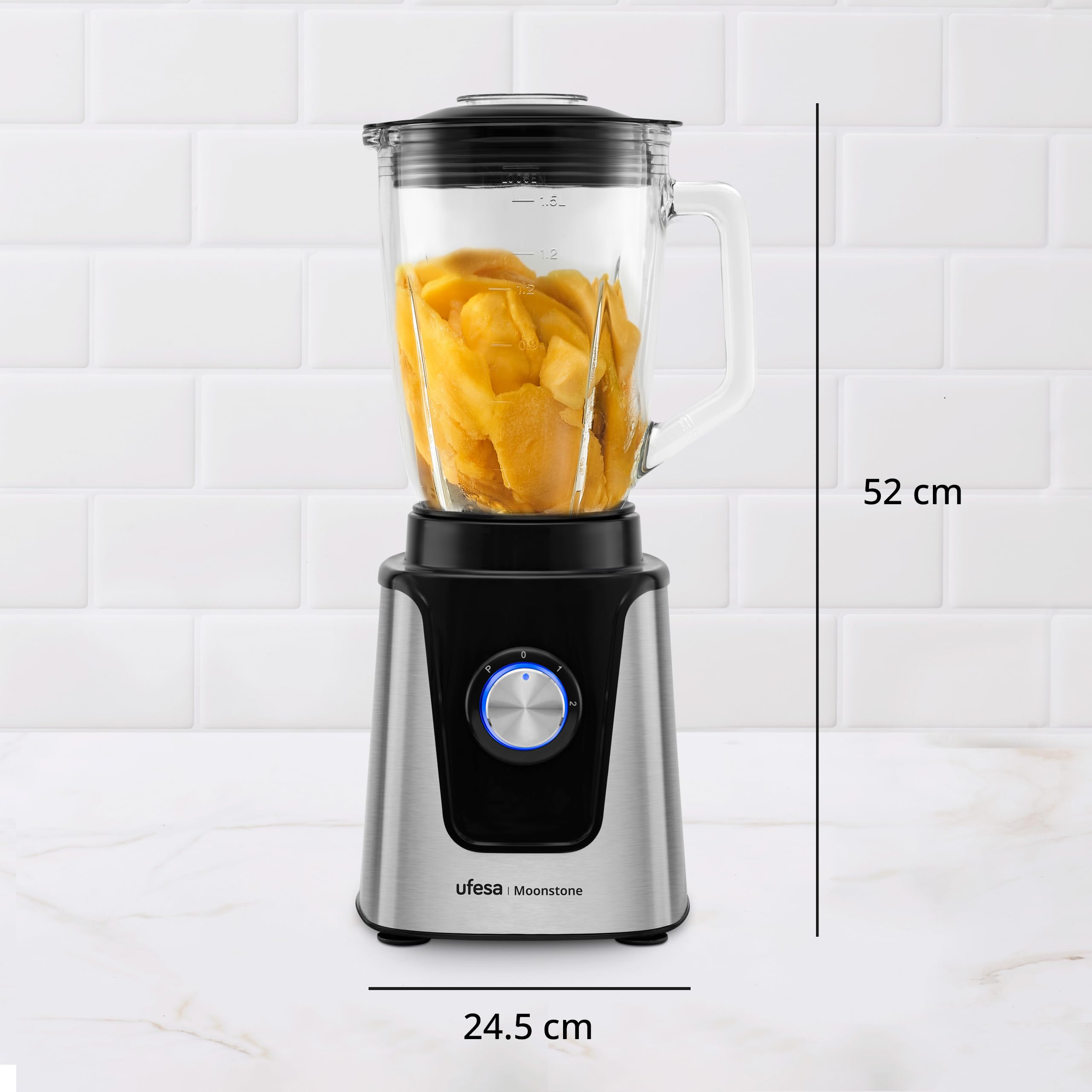 Ufesa Moonstone Blender 1500 W, szklany dzbanek 1,5 l, regulator prędkości z oświetleniem LED, kruszarka do kostek lodu, 6 wyjmowanych noży tytanowych, 2 stopnie prędkości + Turbo