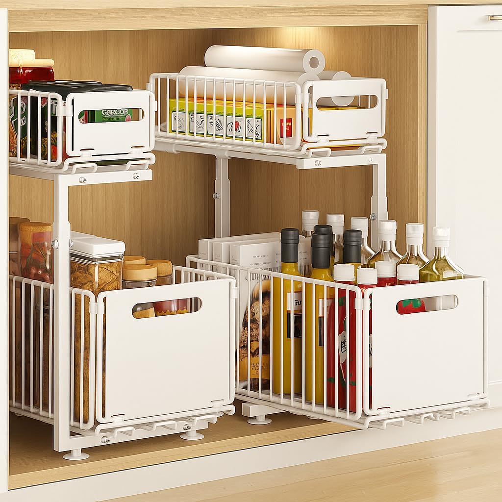 YunNasi 2-Tier Kitchen Undersink Organizer with 2 Levels Adjustable Height Sliding Shelf Under Sink Metal Storage Under Sink for Bathroom (White - 2 Pieces)
