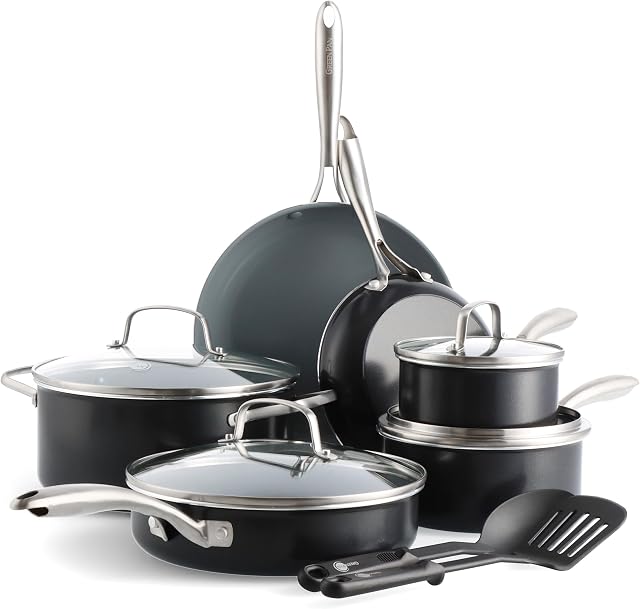 GreenPan Swift Healthy Céramique antiadhésif, 12 Ensemble de casseroles et d'articles de cuisine en pièces, poignées en acier inoxydable, sans PFAS, lave-vaisselle sans danger, sans four, gris