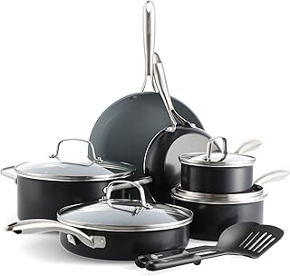 Swift 12 Piece Cookware Pot and Pans Set, PFAS & PFOA-Free Healthy Ceramic Nonstick, Stainless Steel Handle, Versatile Cooking Essentials, Dishwasher & Oven Safe, Gray