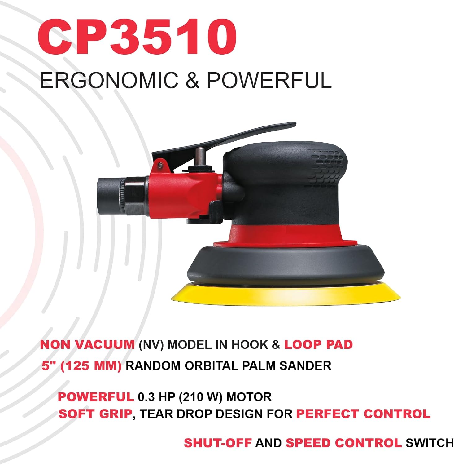 Chicago Pneumatic CP3510 - Air Random Orbital Sander Tool, Home Improvement, Woodworking Tools, Polisher, Rust Removal, Heavy Duty, Non-Vacuum, Hook & Loop, 5 Inch (125 mm), 0.28 HP / 210 W - 12000 RPM