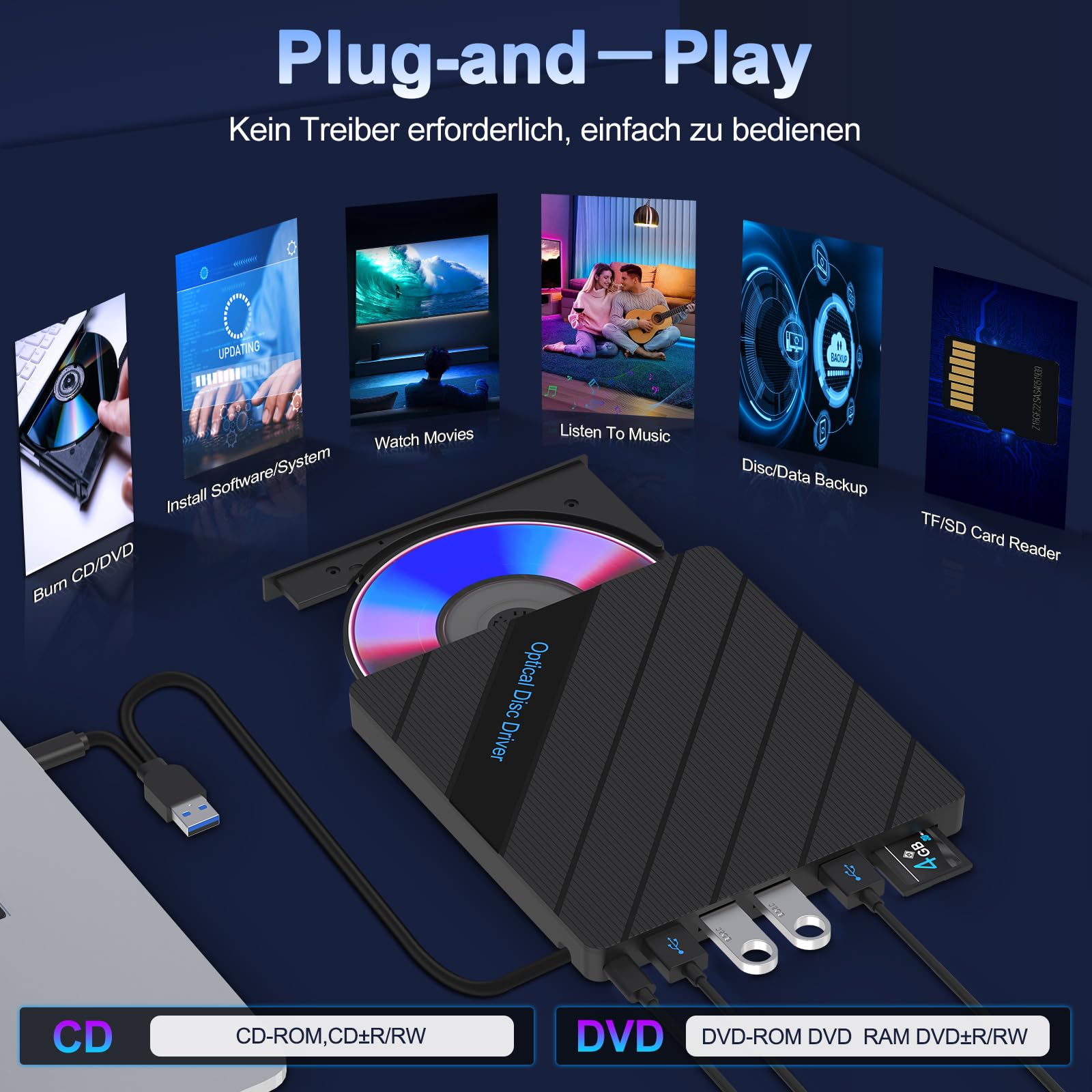Zewnętrzny napęd DVD 8 w 1 do laptopów, napędów CD, zewnętrzny, USB 3.0, typ C, z 5 portami USB, 2 czytniki kart TF/SD, nagrywarka optyczna, odtwarzacz do PC MacBook iMac Windows 11 Vista Linux Mac OS