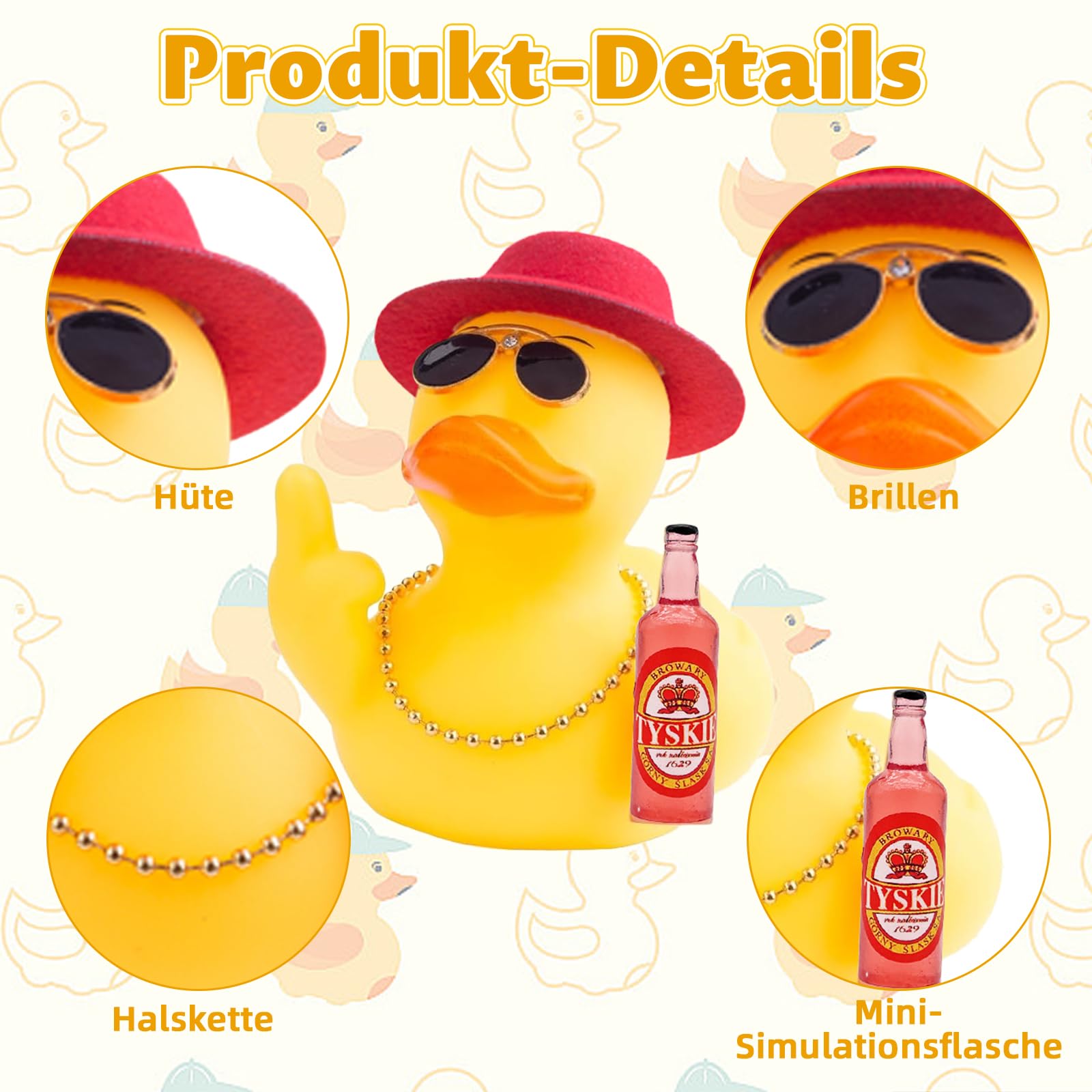 Gummi-Ente Mit Kaffeetasse & Sonnenbrille – Lustiges Auto-Armaturenbrett-Ornament, 8,9 Cm, Quietschend, DIY-Deko