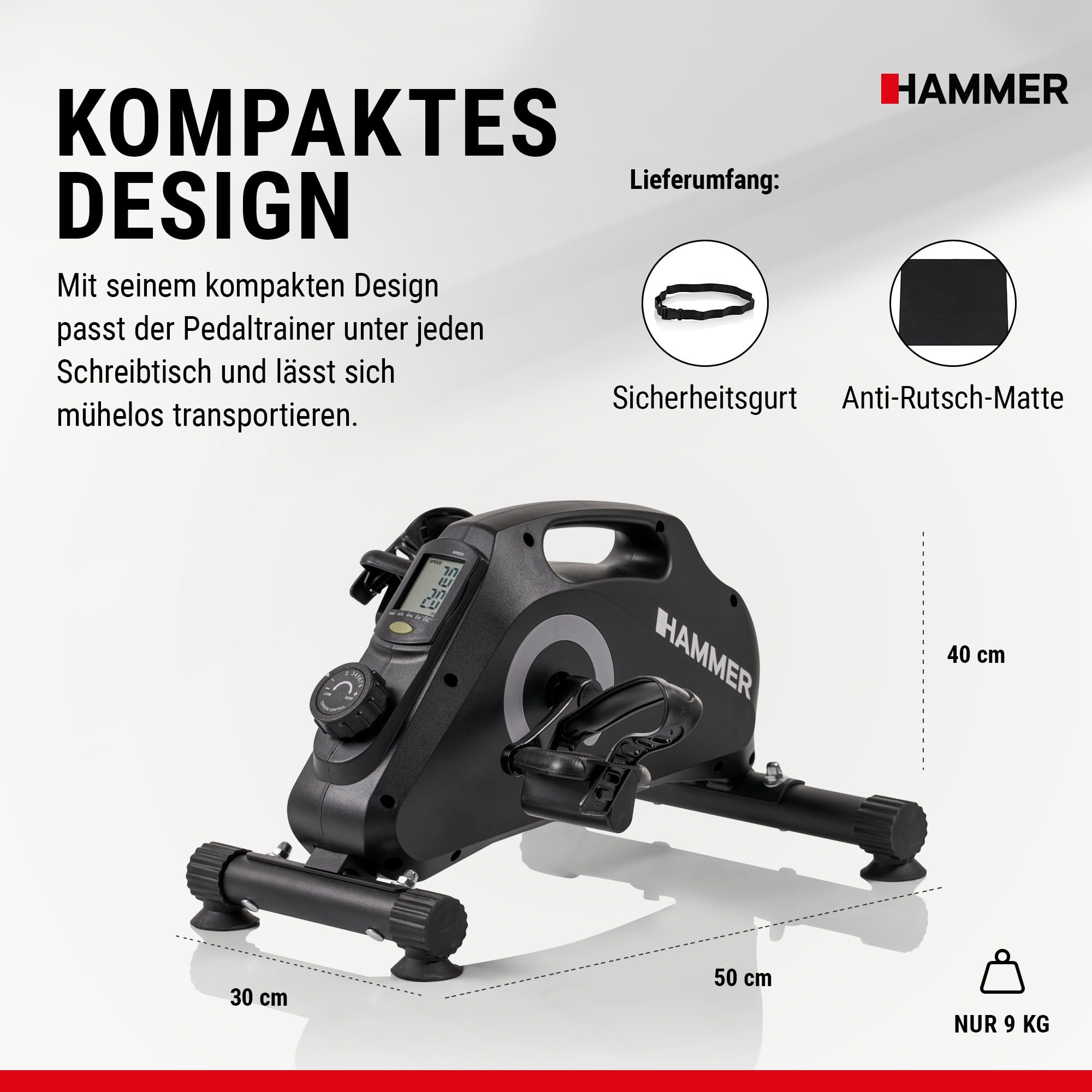 HAMMER Pedaltrainer für Zuhause Magnet - leiser Mini Heimtrainer mit Display, 8 Widerstandsstufen, inkl. Anti-Rutsch-Matte, Sicherheitsgurt, Beintrainer im Sitzen für Büro, Homeoffice und Senioren