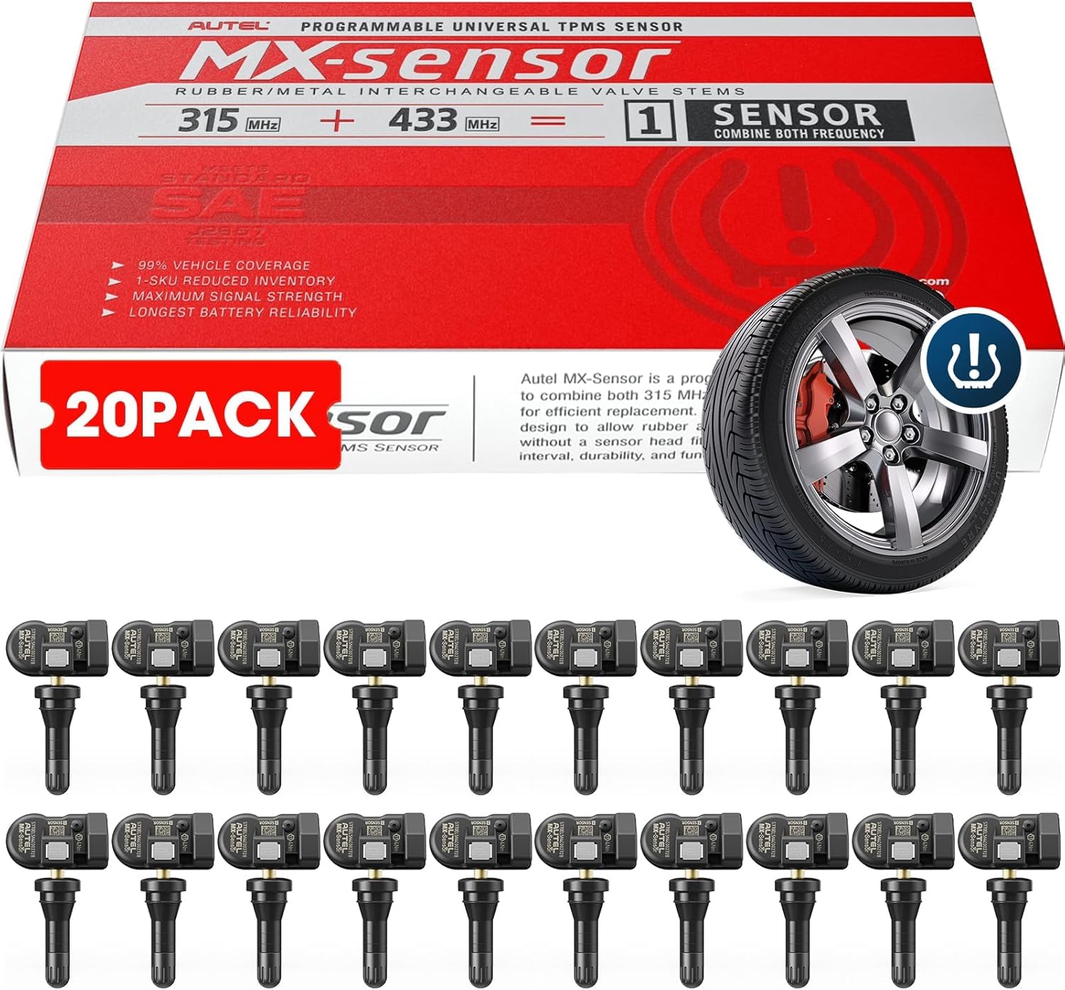 Autel TPMS Sensor 2in1 MX-Sensor 315Mhz/433Mhz Bulk of 20, Tire Sensors Rubber Stem TPMS Sensors Programmable by Autel TS408S TS501 PRO TS508WF MK808S-TS, TPMS Relearn/Activate